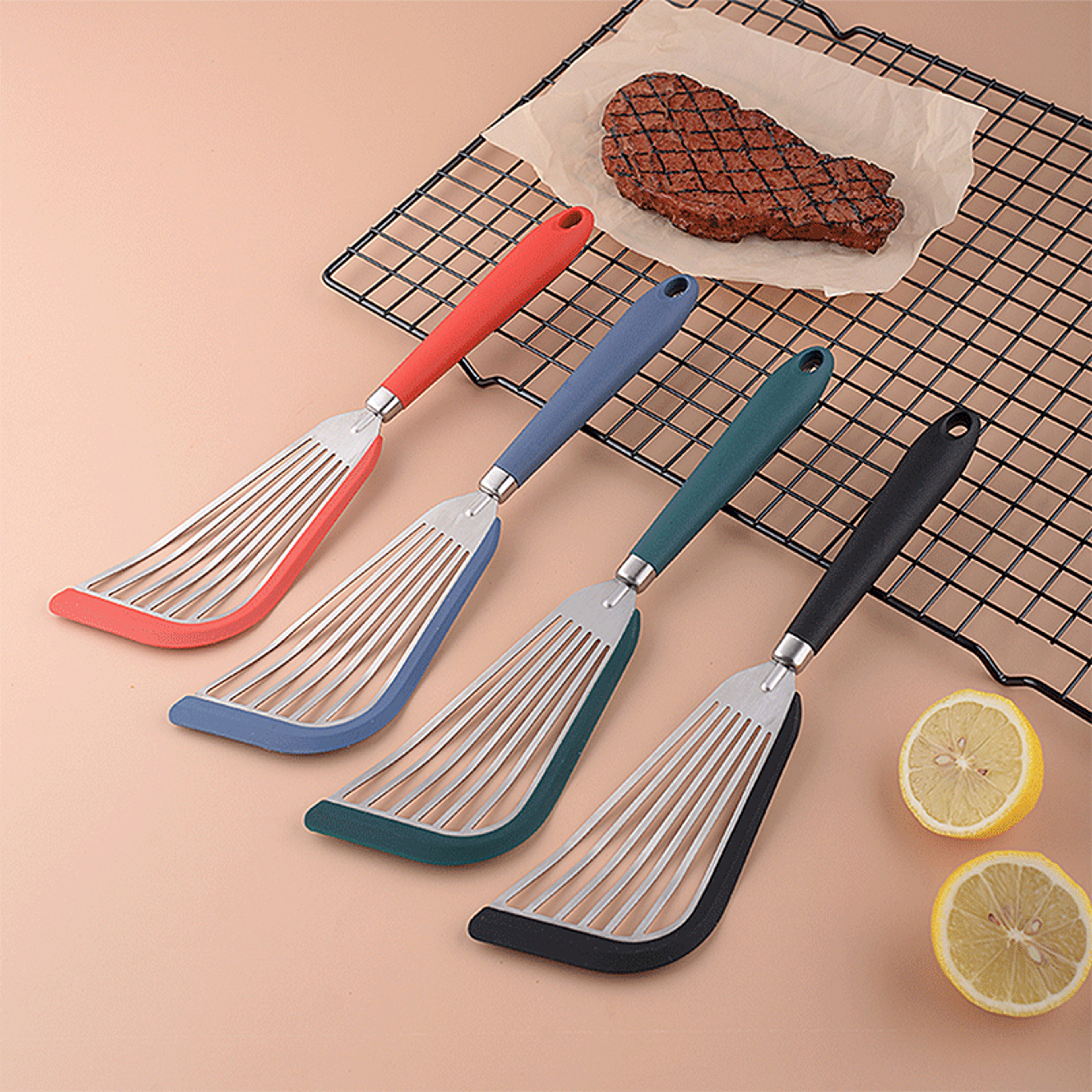 stainless steel fish frying spatula, edge-wrapped fish flipping spatula, silicone spatula for steak frying and kitchen