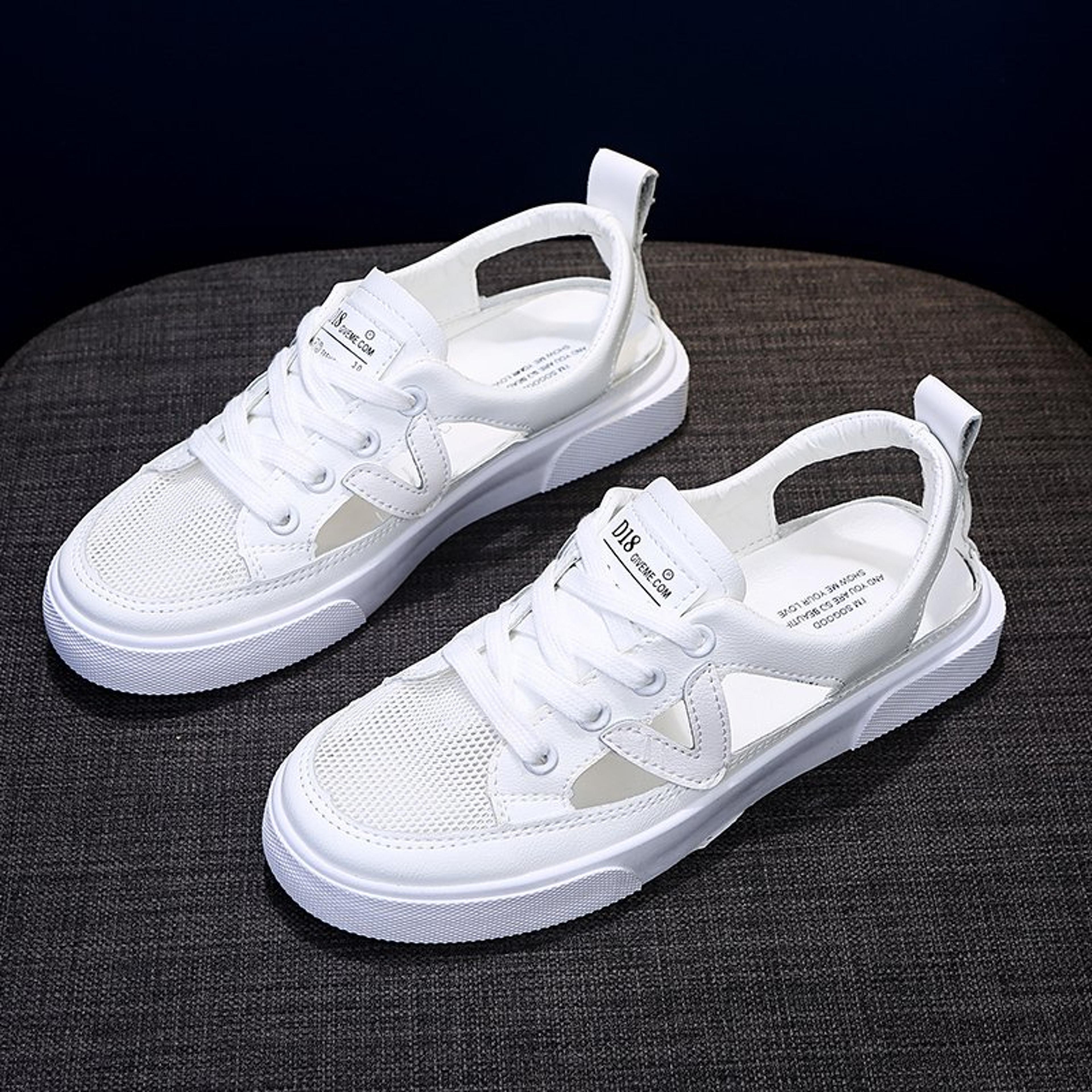new women's white casual shoes, fish-mouth sandals, transparent mesh, metal decorative breathable shoes