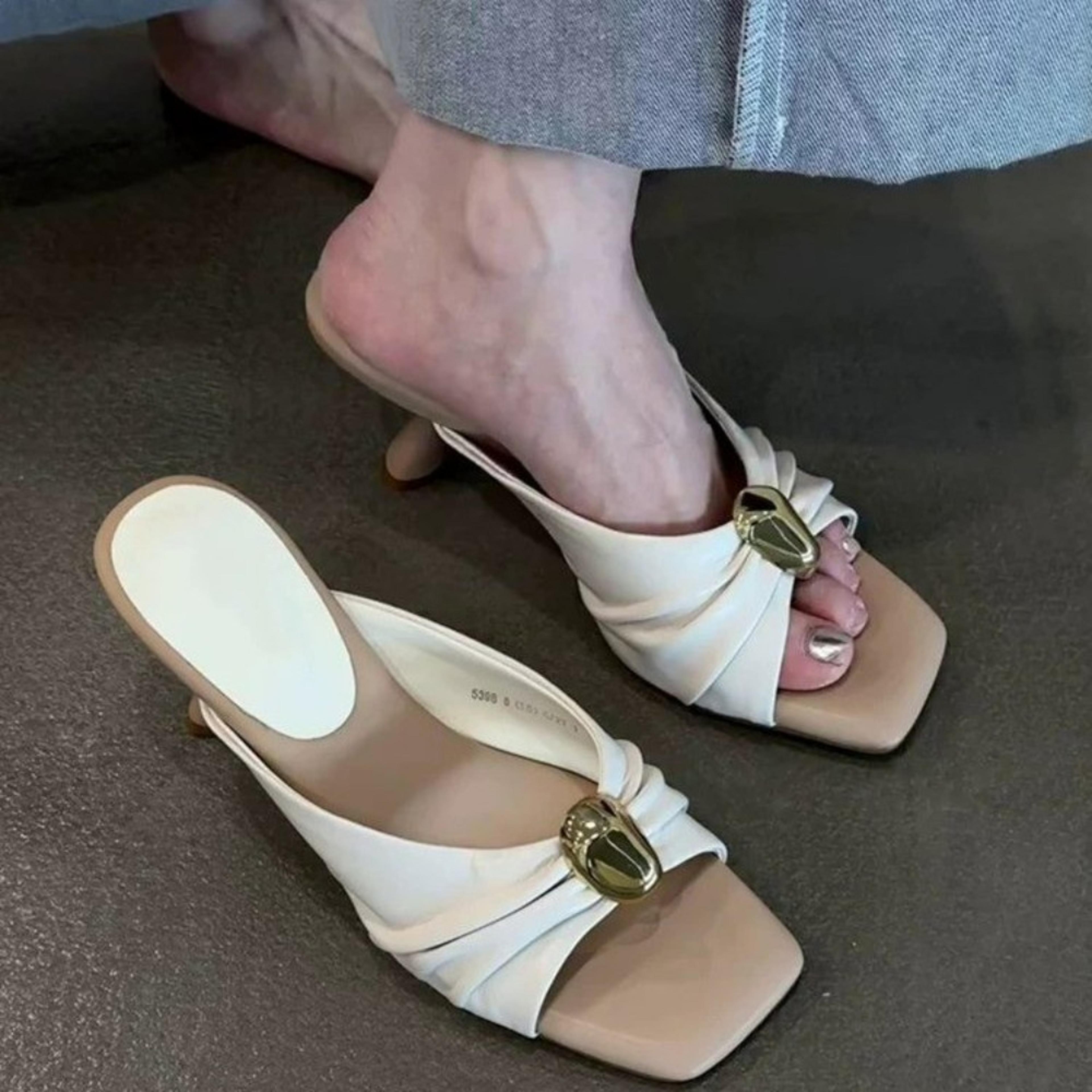women fashionable high-heeled slippers, sexy elegant square headed comfortable banquet dress slippers for summer