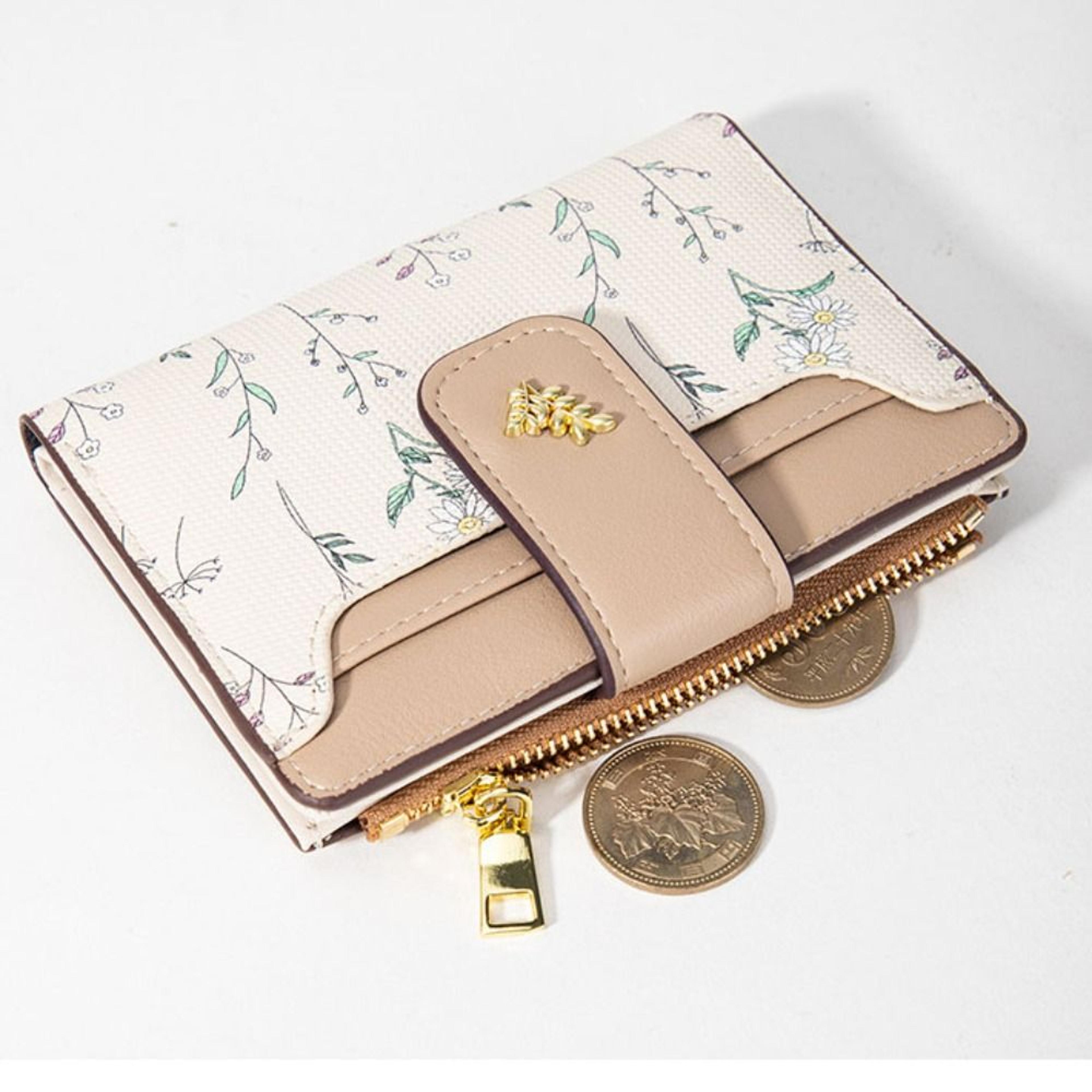 slim pu leather short wallet, multi-cards zipper coin purse, small flowers card bag wallet for women, girl, zipper