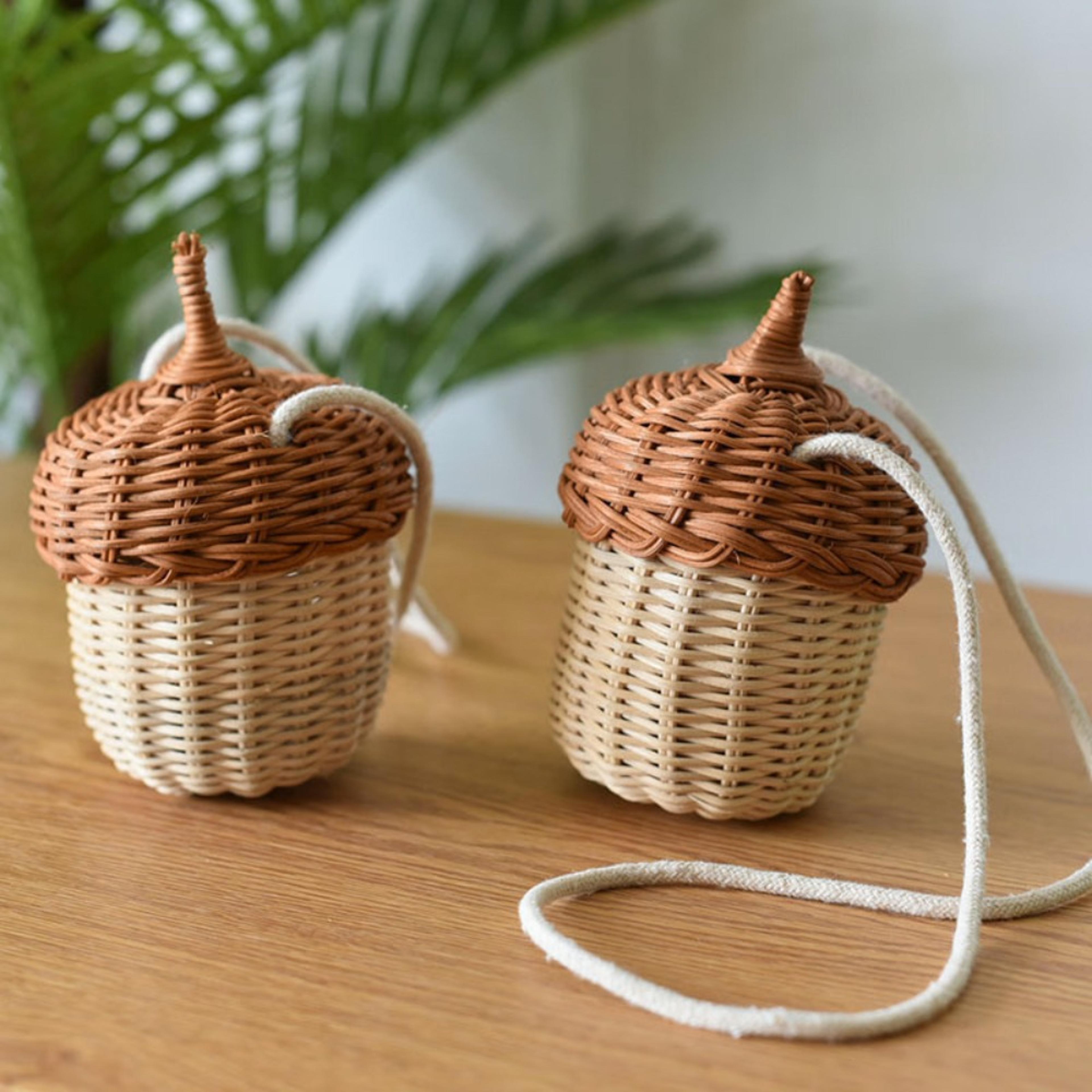 creative woven pinecone crossbody handbag, vintage style mini rattan shoulder bag