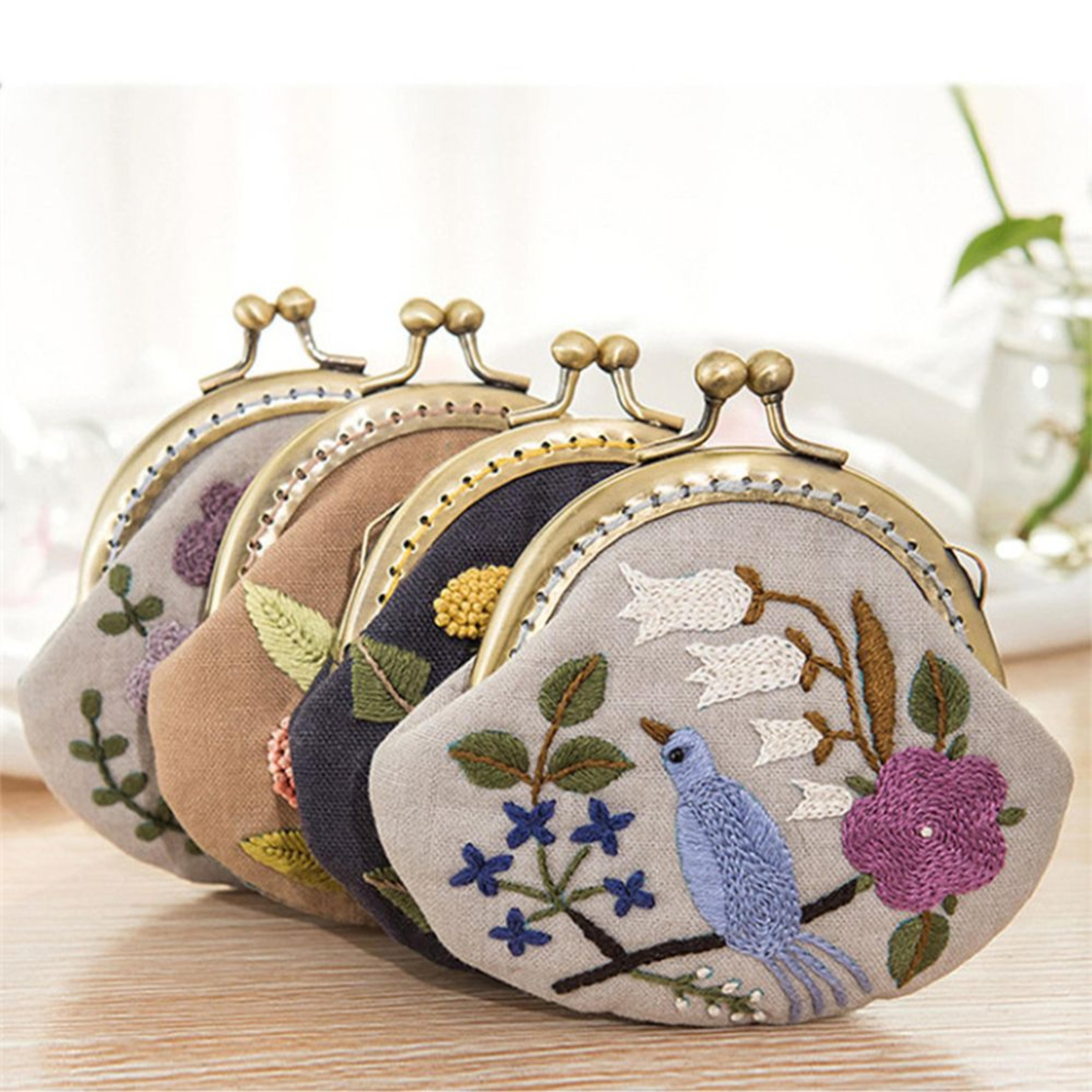 flowers bird embroidered coin purse wallet, mobile phone bags kit, handmade diy clutch bag