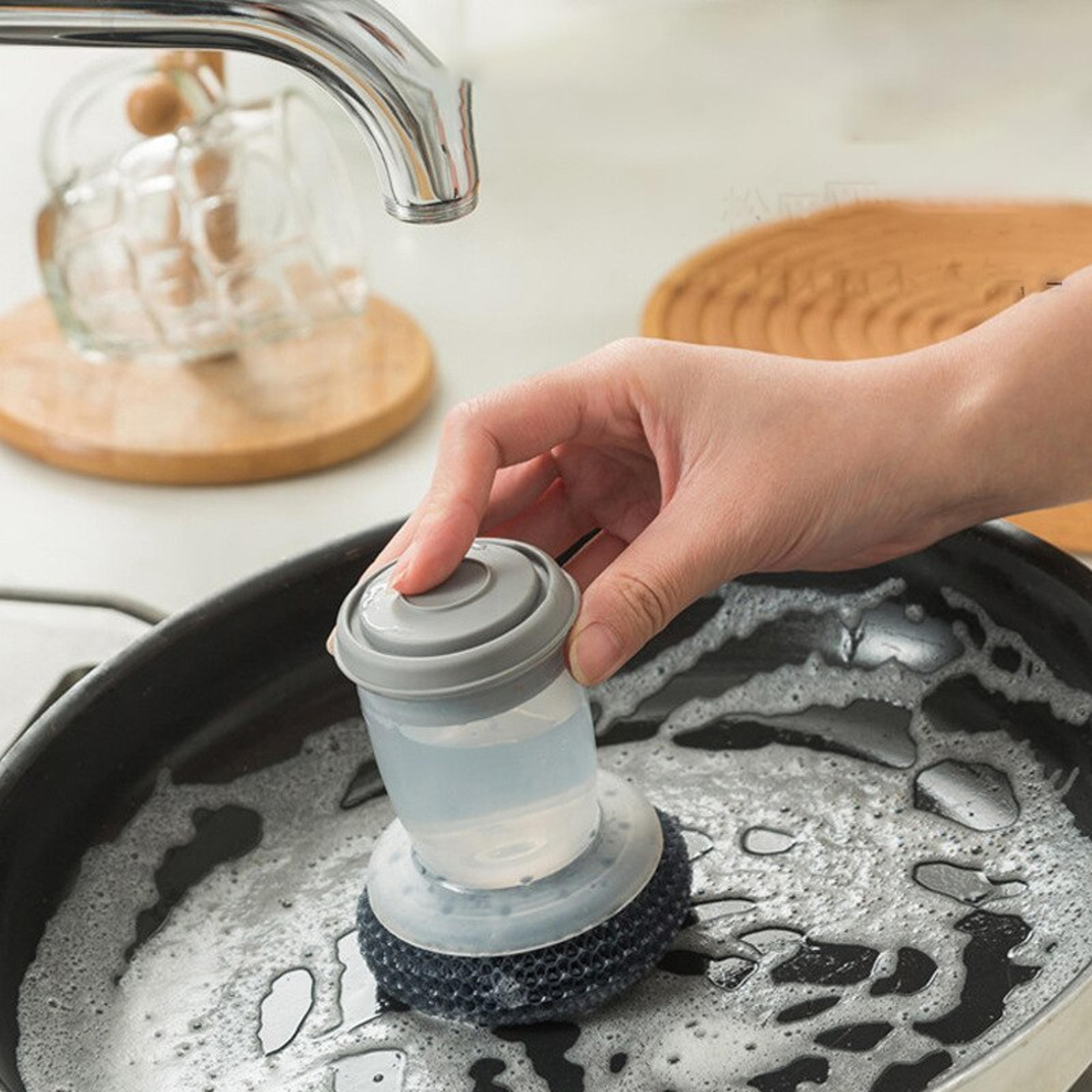 portable kitchen soap dispensing brush, easy use dishwashing scrubber, kitchen cleaning tool