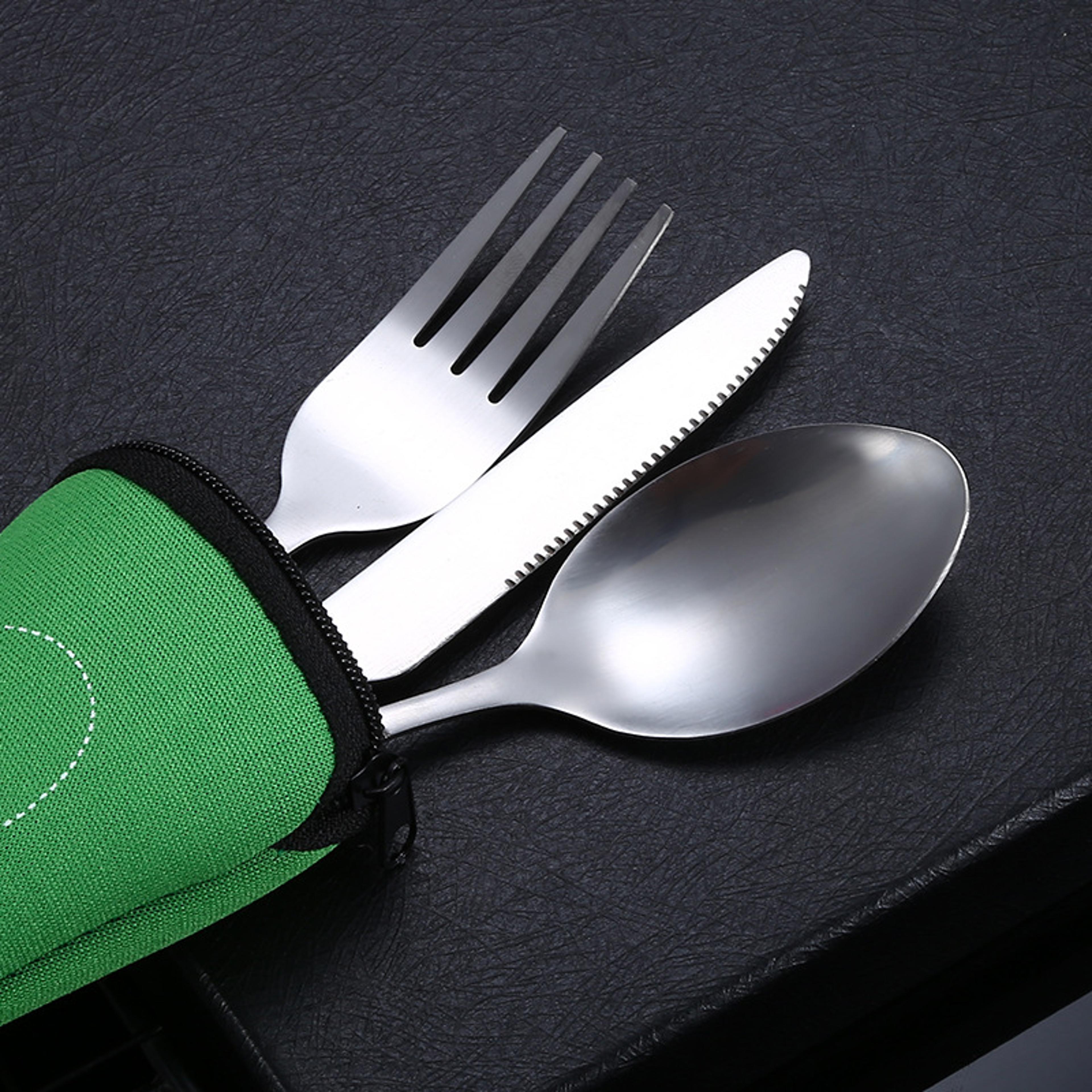 travel camping spoon picnic set, zippered travel tableware kit with cleaning carrying bag for household and outdoor use