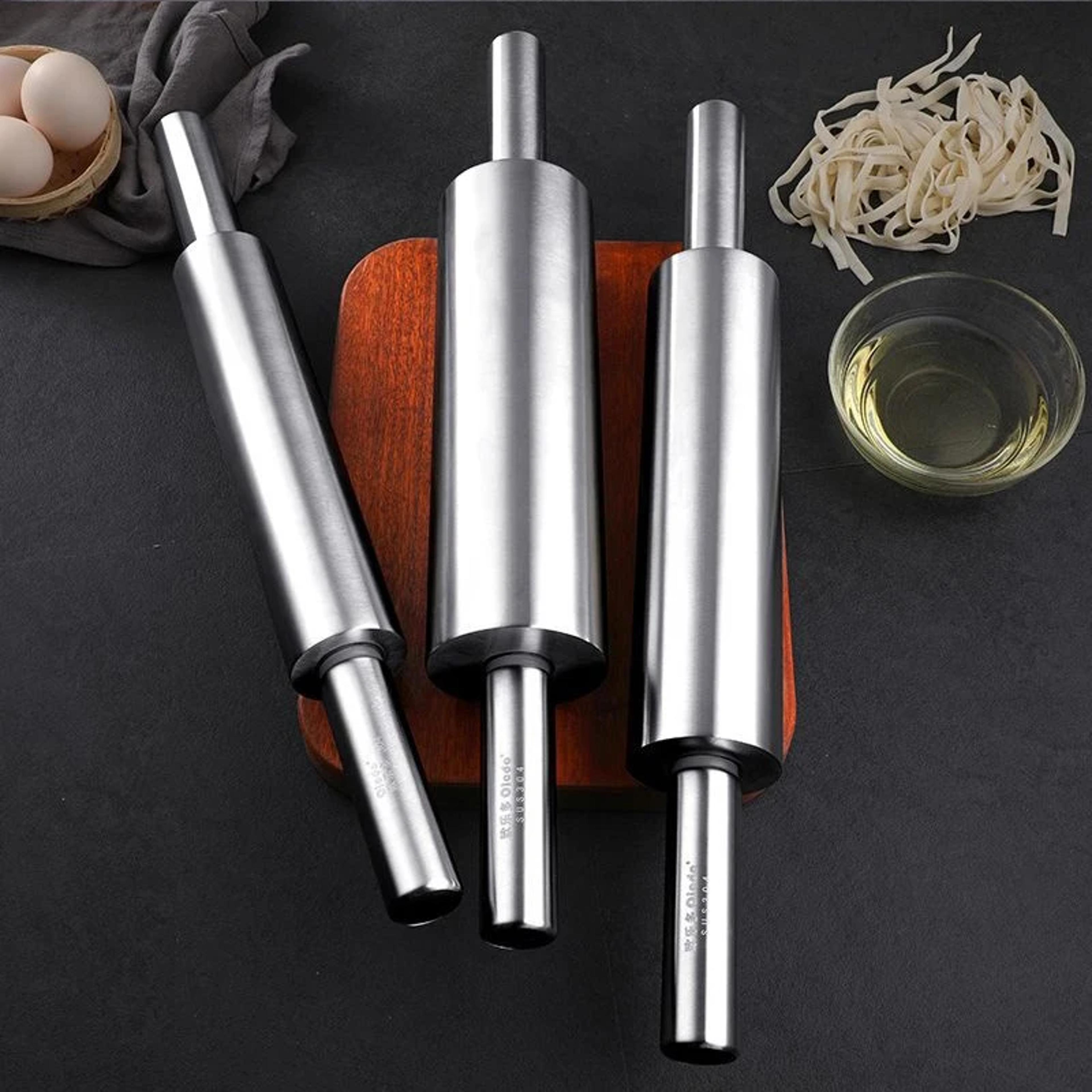 non-stick stainless steel rolling pin, kitchen baking tools, pizza roller with handle for smooth flour dough