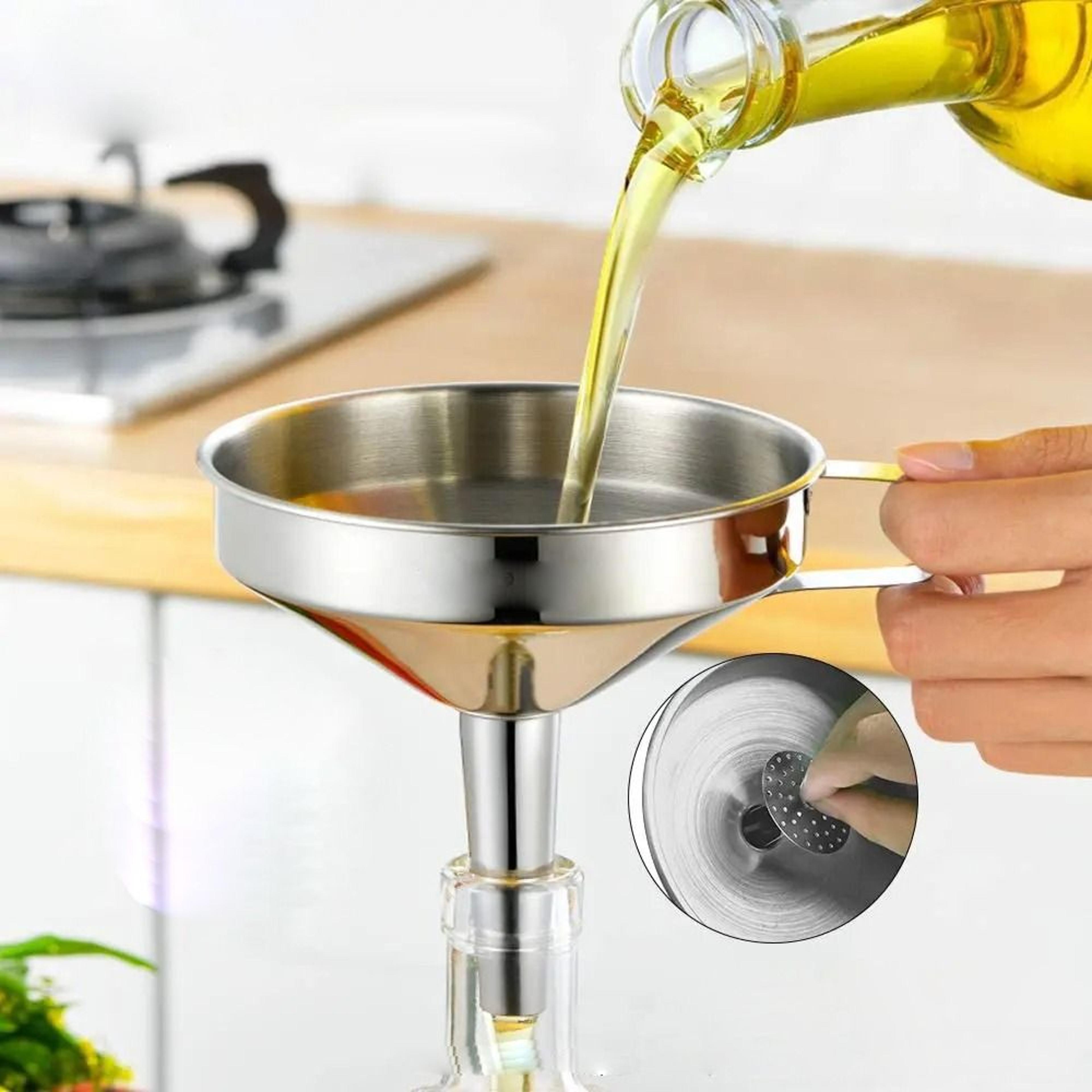 wide mouth stainless steel funnel with detachable filter, spice cooking oil filter strainer, oil spill kitchen tool