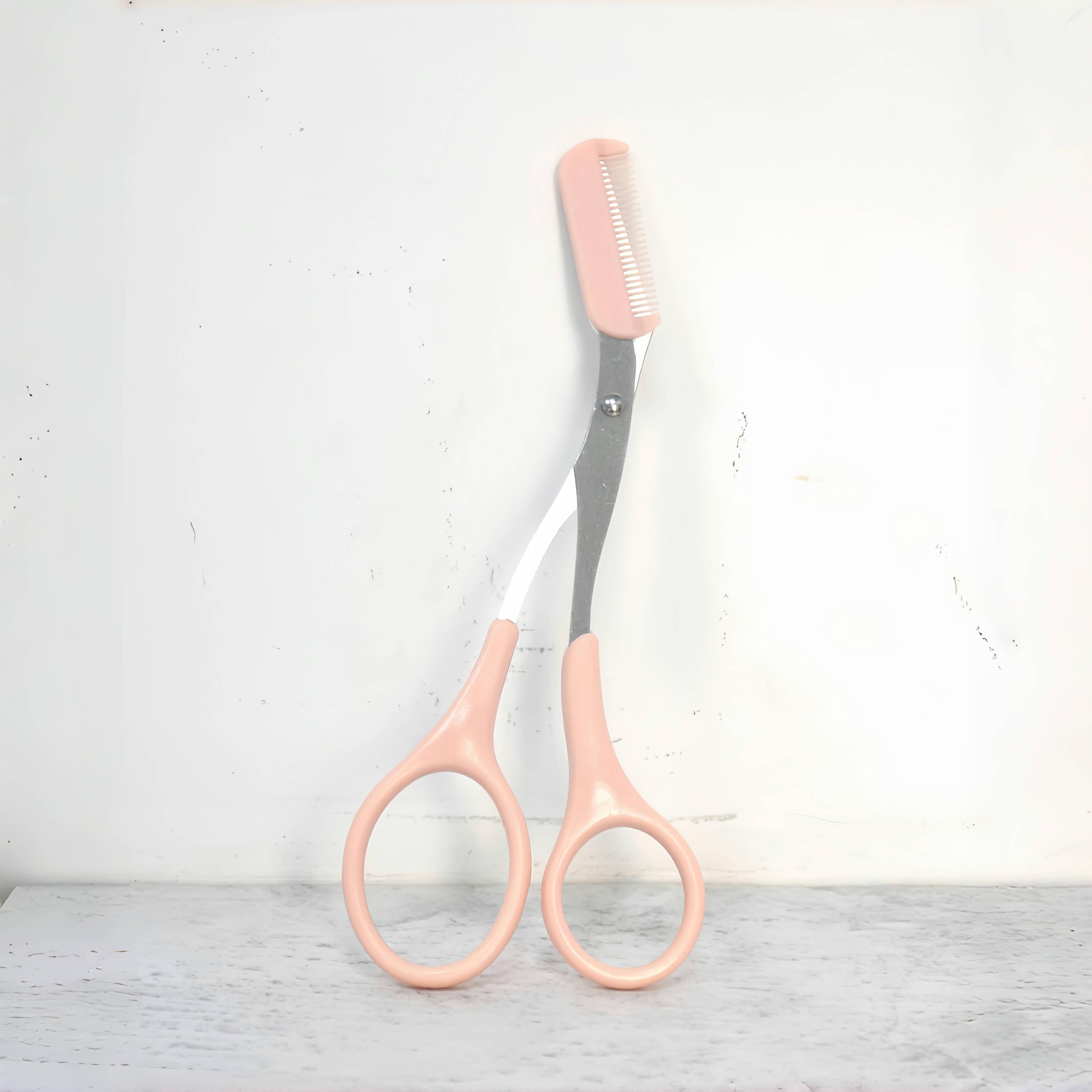 pink eyebrow trimming scissors with built-in comb, stainless steel precision grooming tool