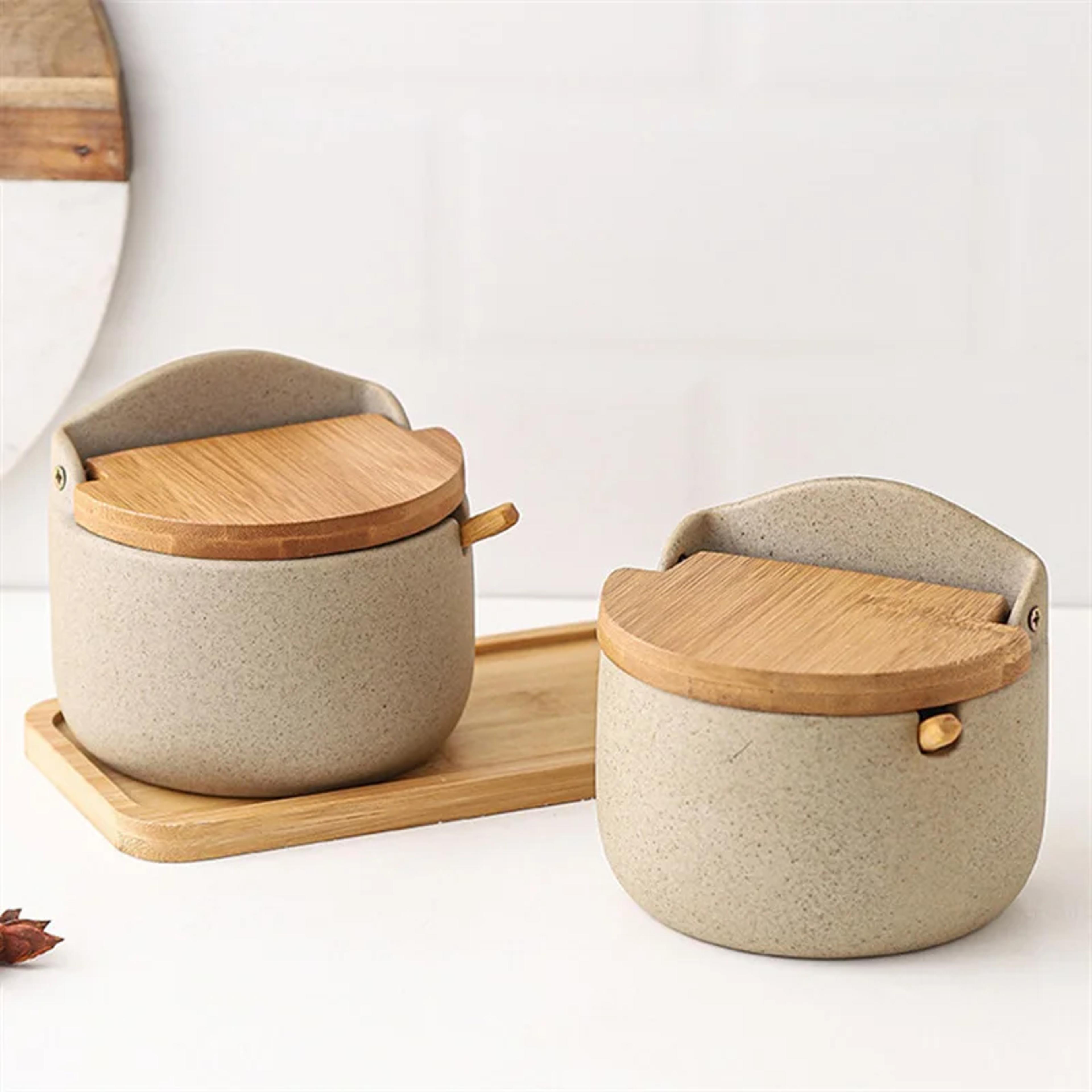 ceramic seasoning jar with bamboo lid, spice jar with spoon for kitchen sugar, salt, spices storage box