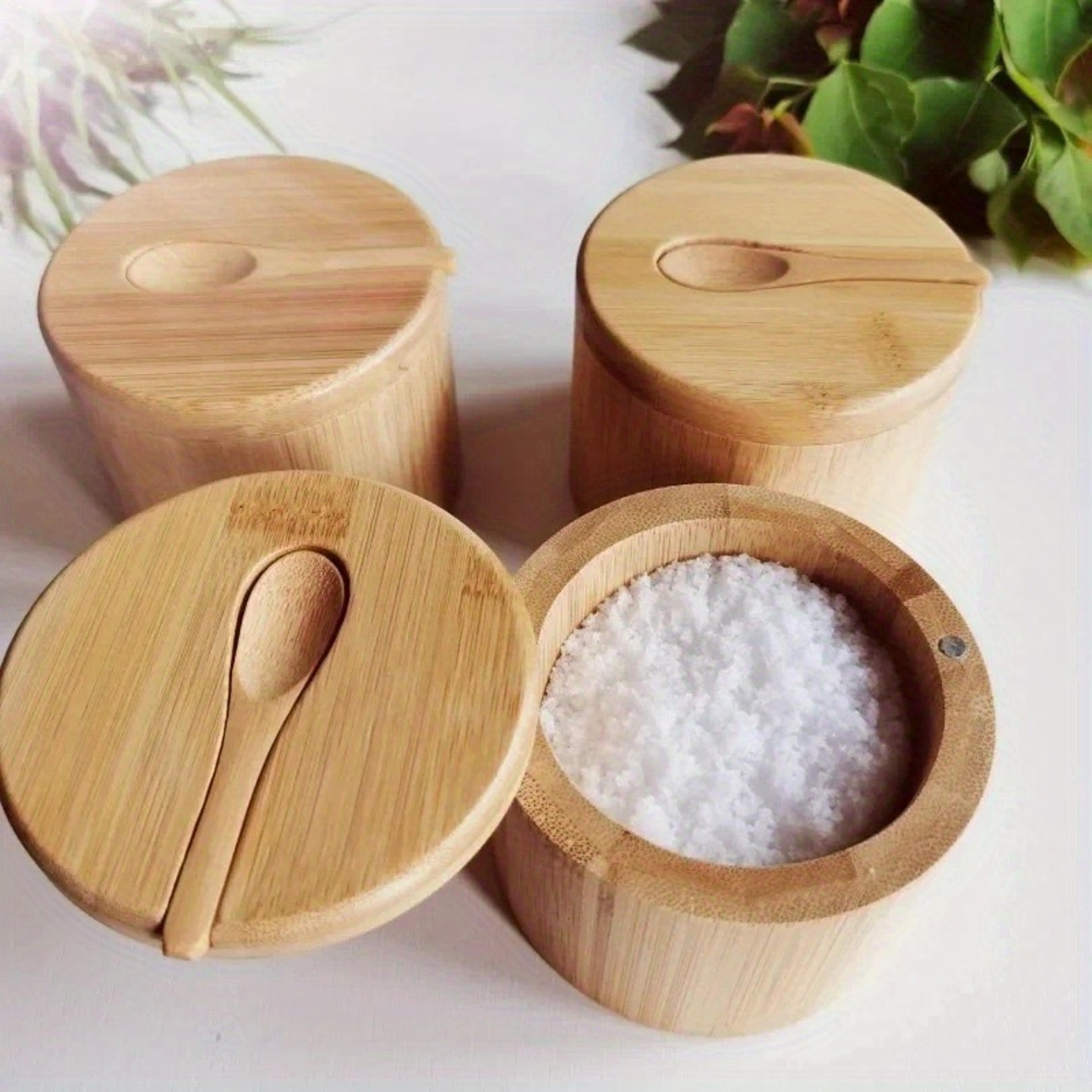 salt seasoning jars set, bamboo condiment box, pepper jar, sugar container holder with lid