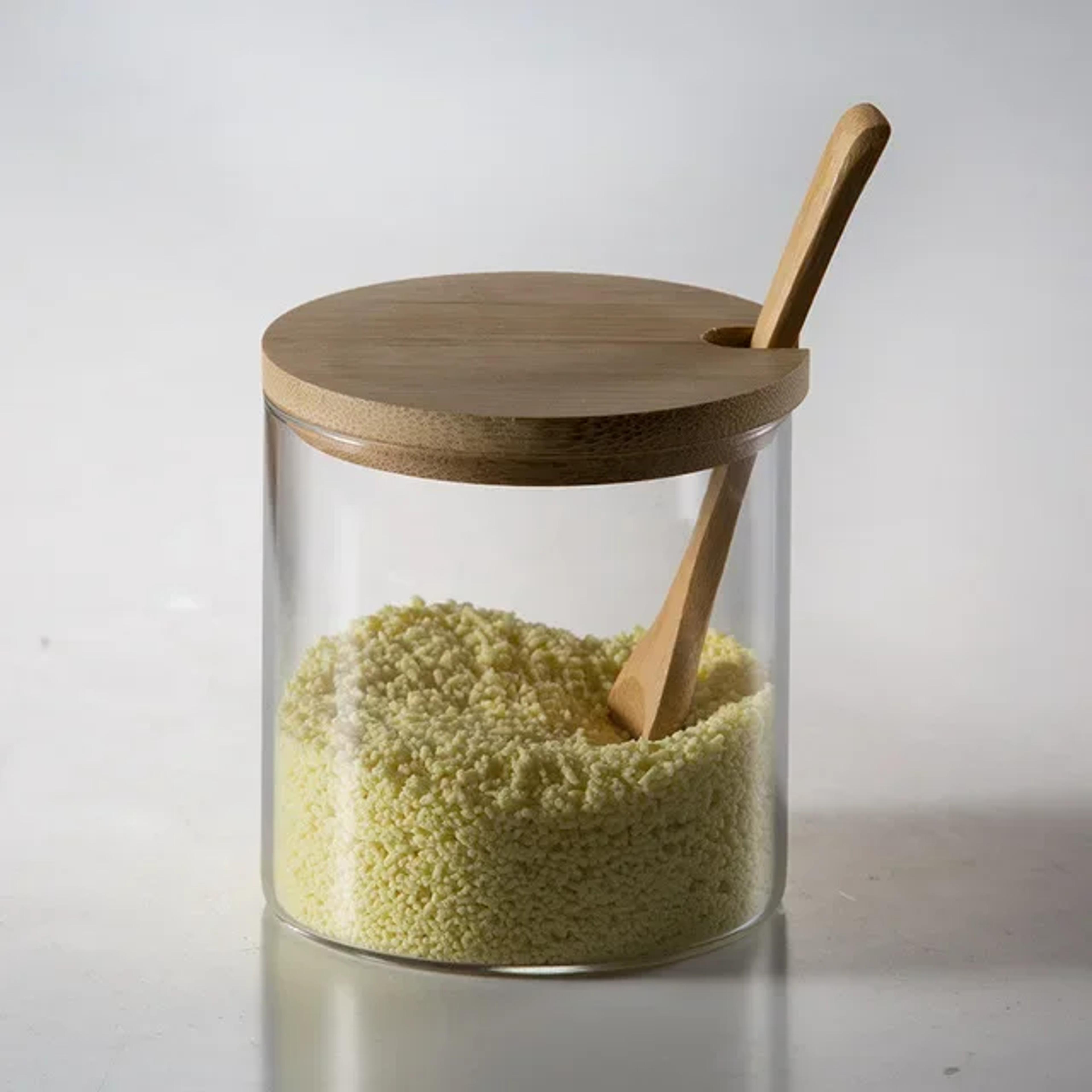 glass storage jar with wood lid, salt candy cookies tea organizer bottle