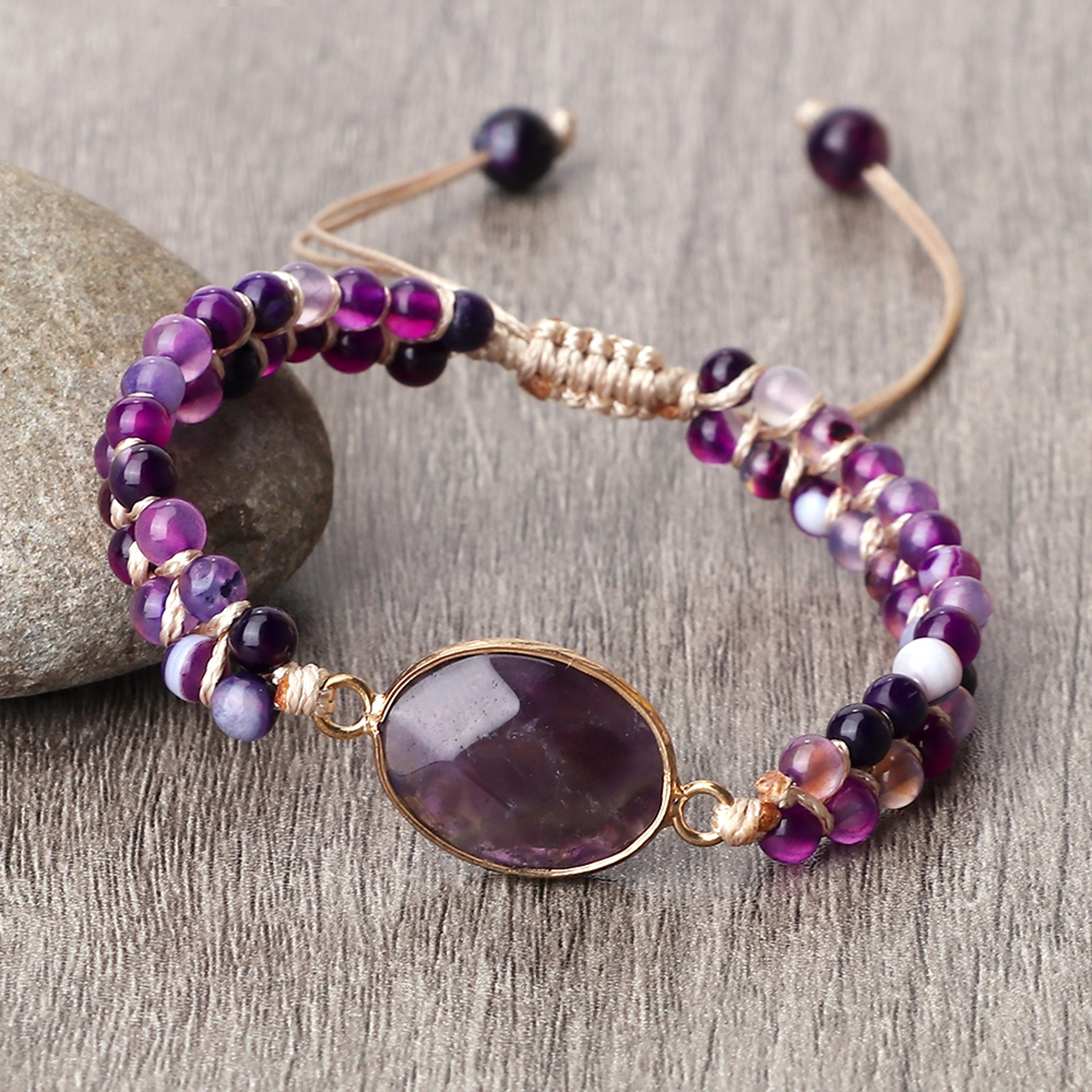 purple crystal agate stone wrap bracelet, yoga beaded charm bracelet for women and men, bohemian jewelry gift