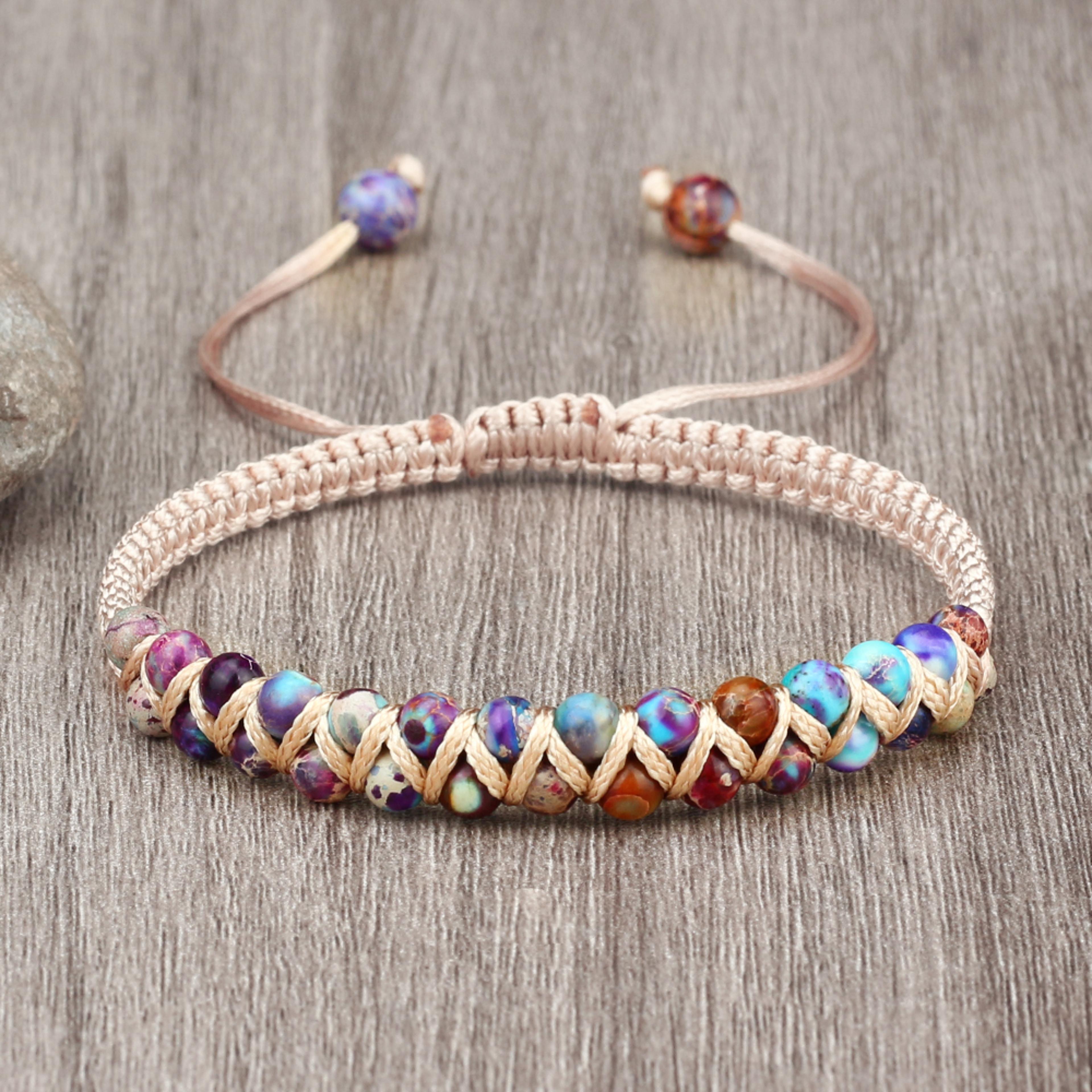 vintage natural stone beads bracelets for women men, handmade adjustable braided rope meditation jewelry