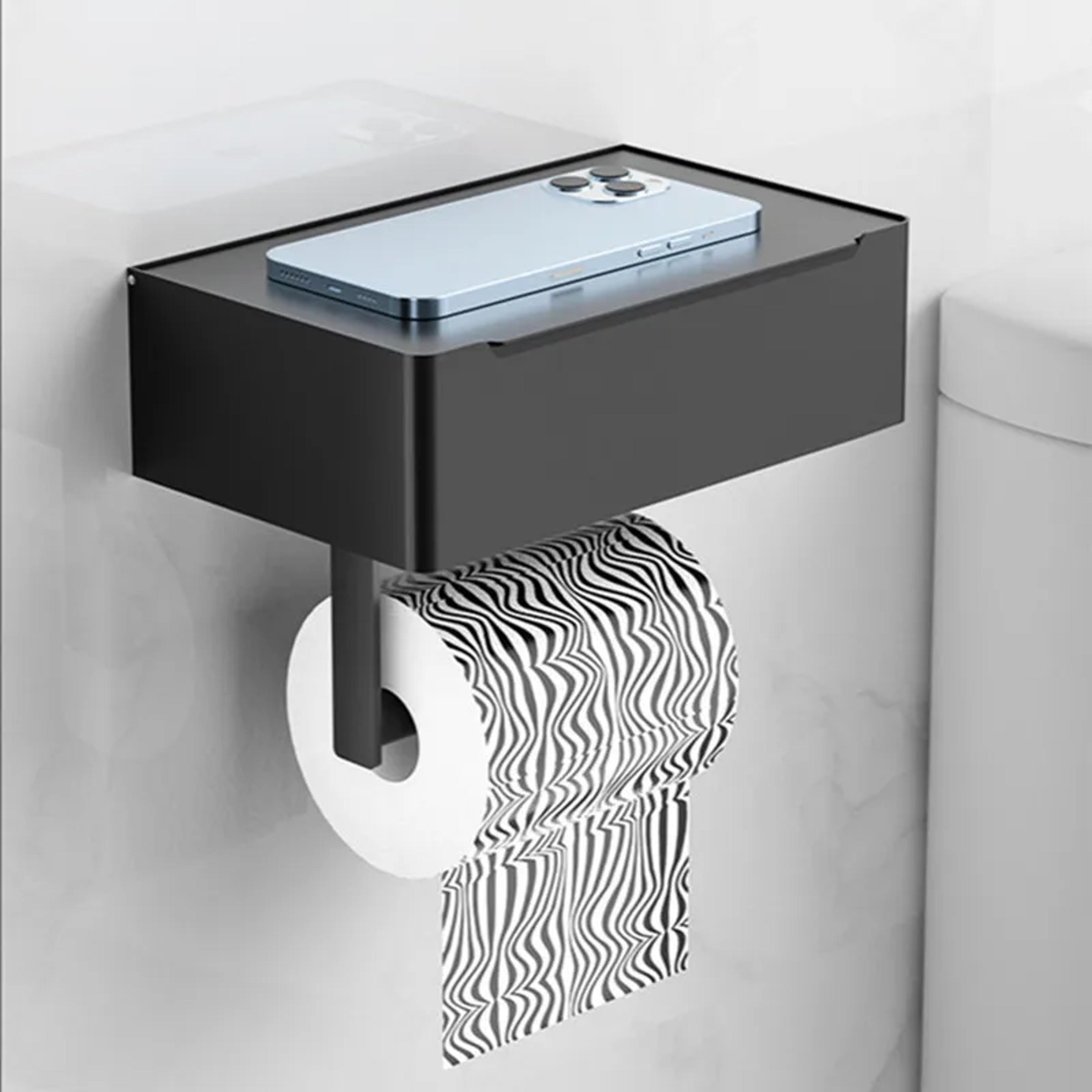 black multi-function bathroom storage rack, stainless steel paper holder with toilet roll and wipes dispenser