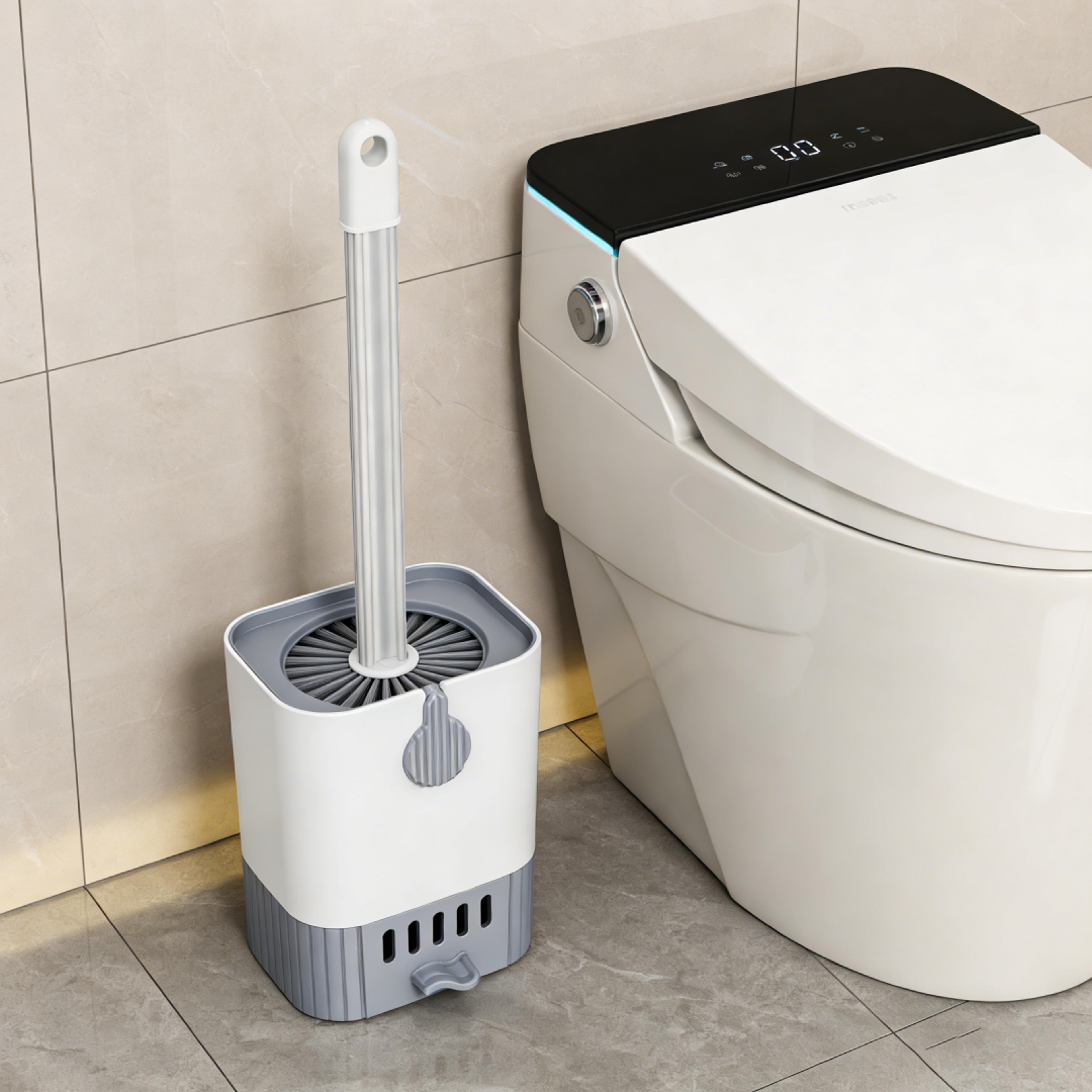 angled toilet scrubber, non-scratch tool, reaches under rim crevices, easy rinse