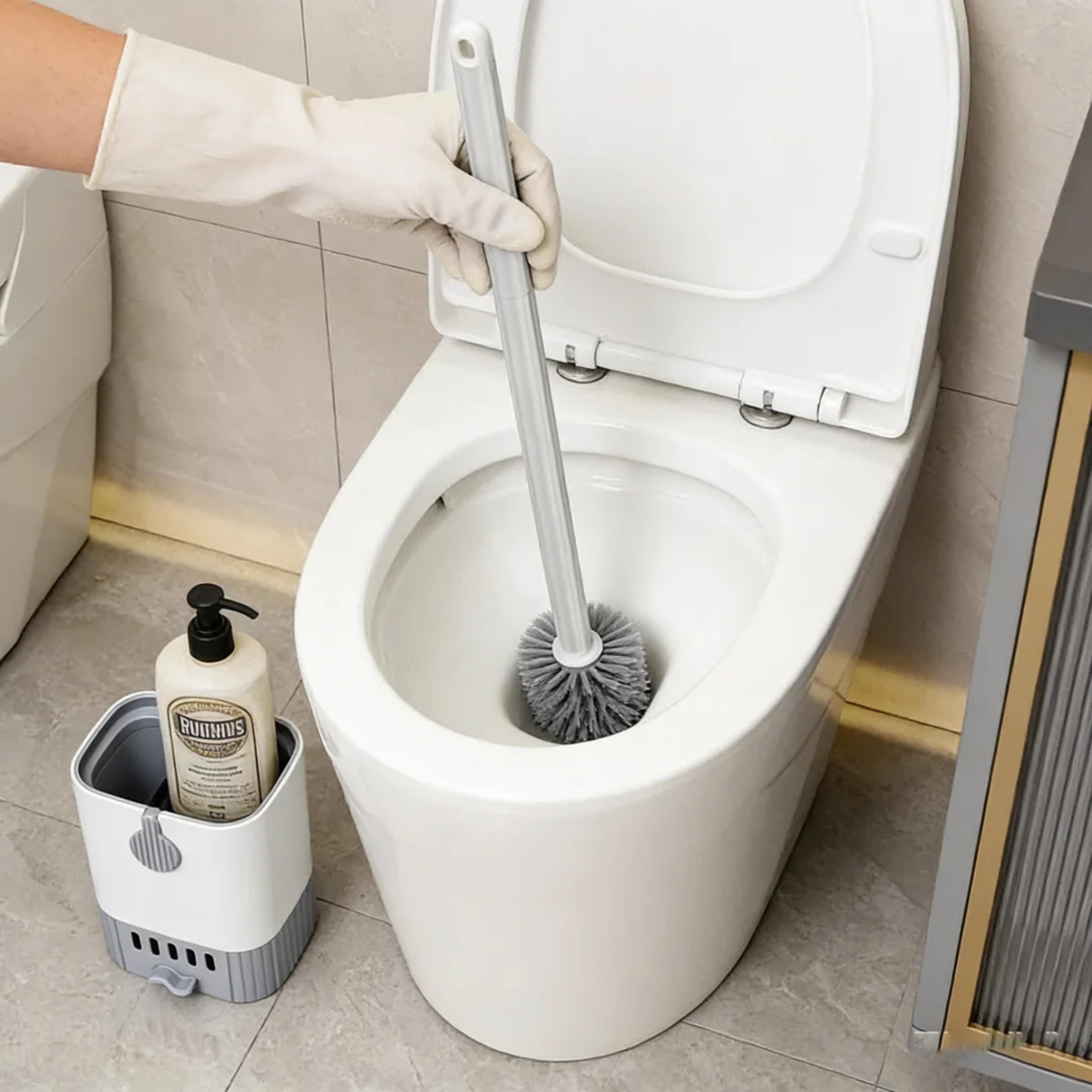 wall mount toilet brush, slim holder, no drill, space saving design