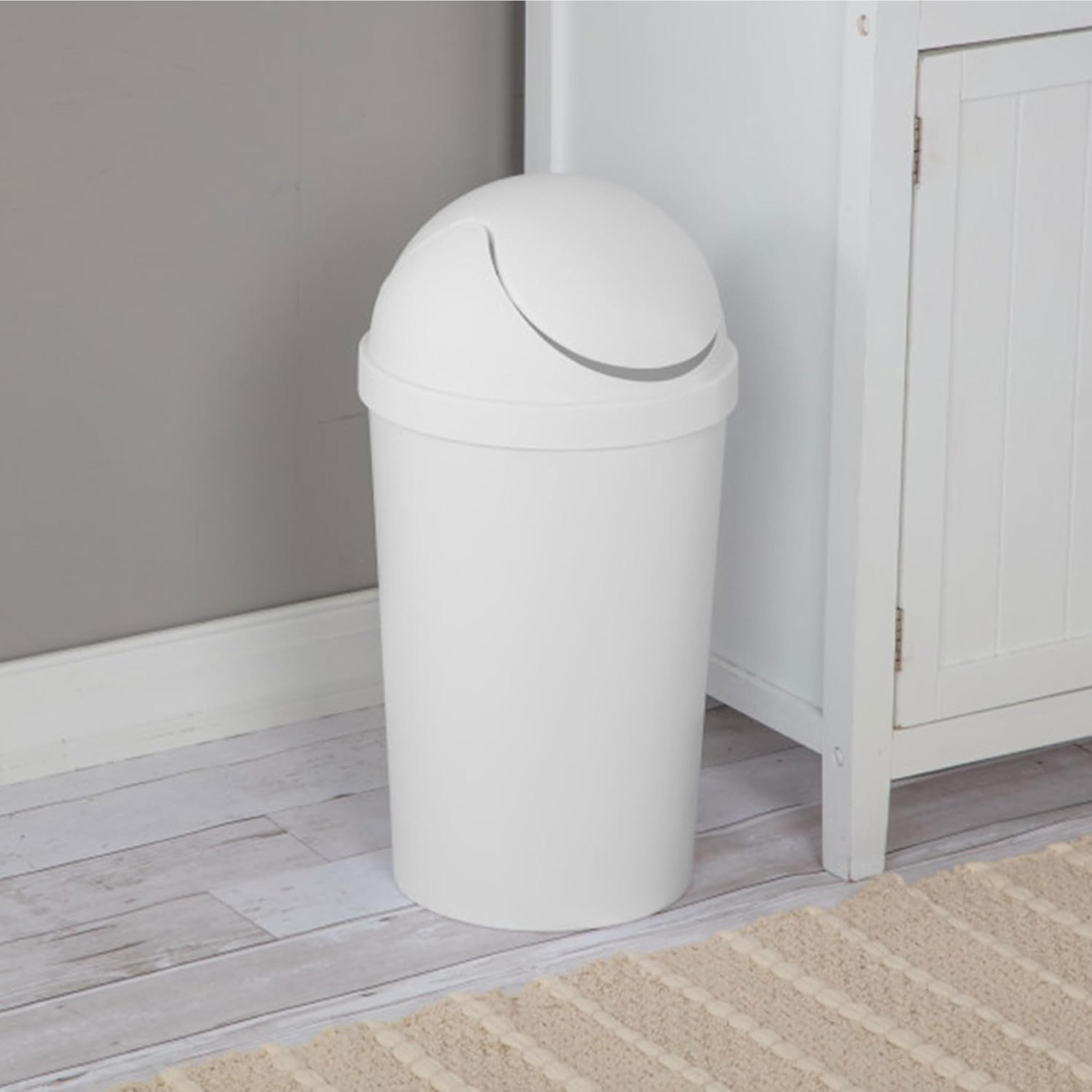 round swingtop wastebasket with lid, small plastic trash can for the bathroom, bedroom, dorm or home