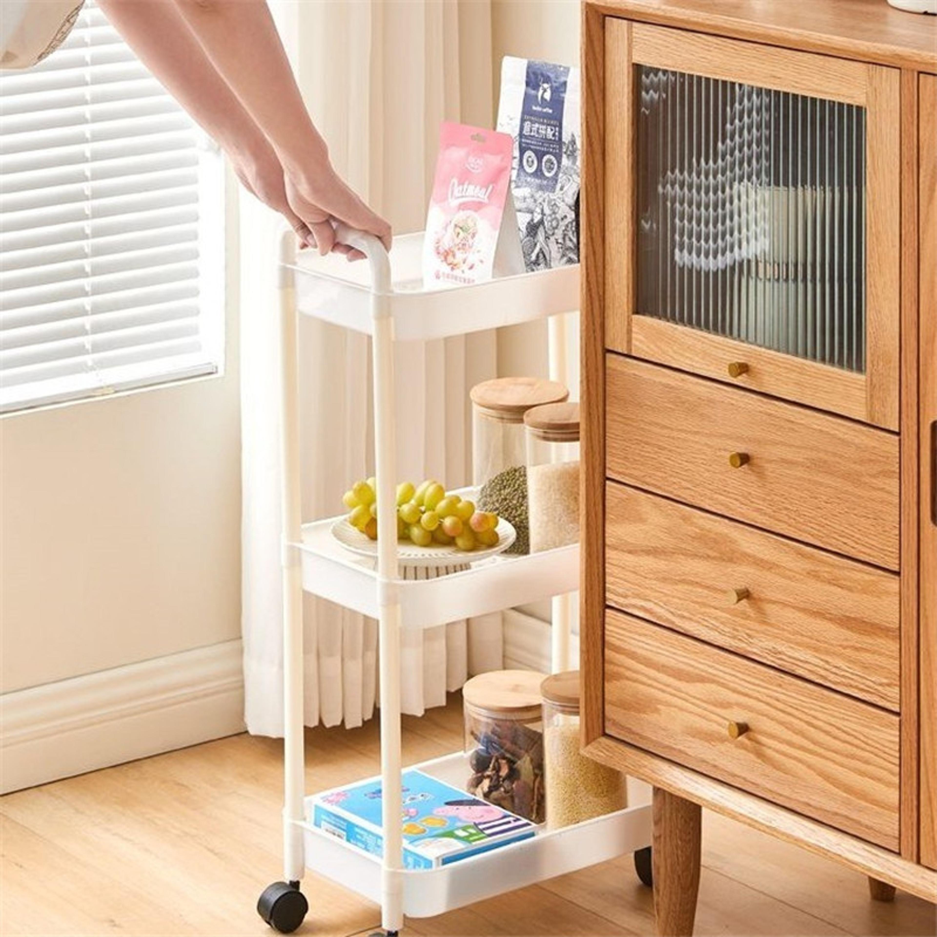multi-layer trolley with handlebar and storage rack, floor-standing for kitchen, bathroom, snacks, and toiletries