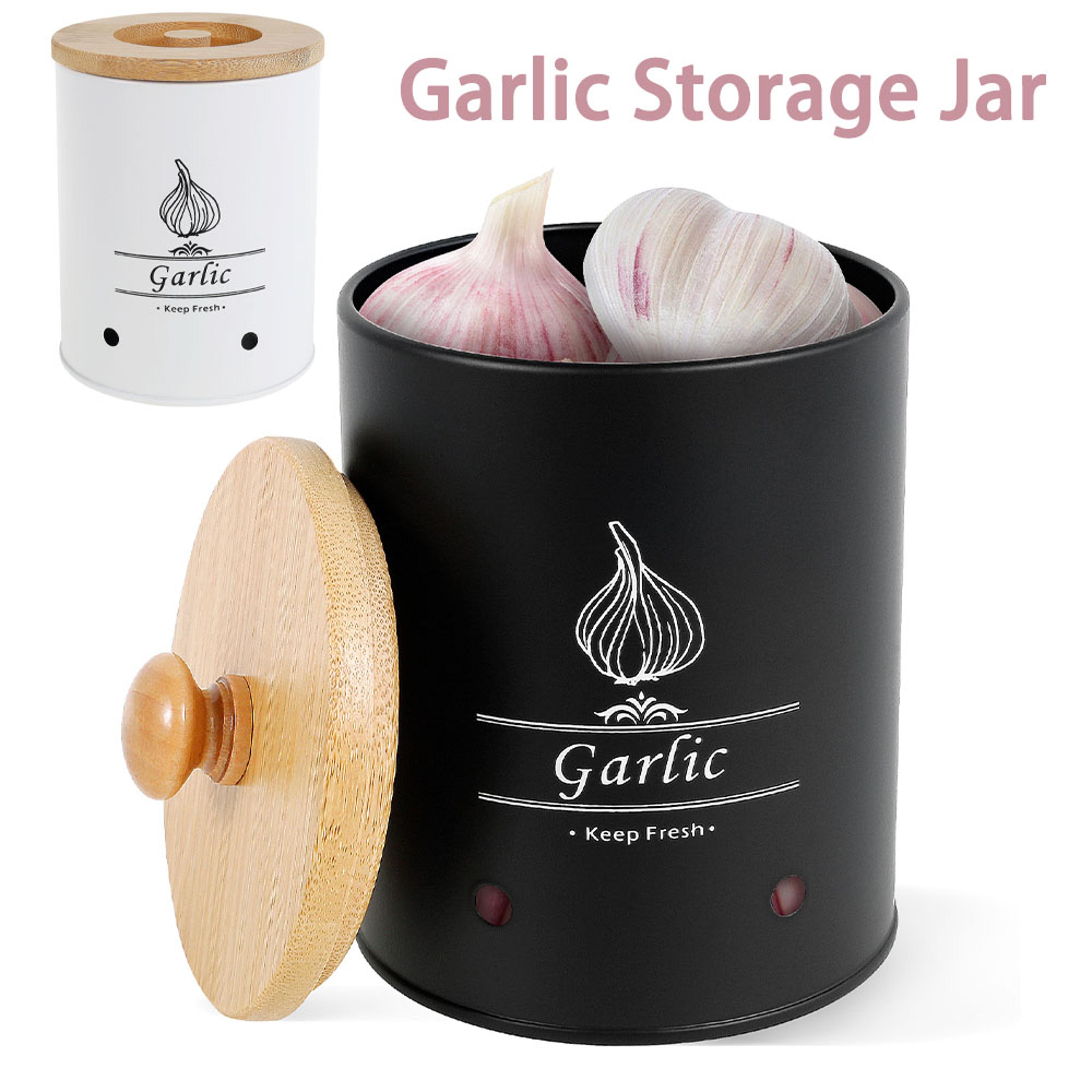 garlic keeper storage jar with wood lid, versatile onion and potato storage box with aerating holes for home use