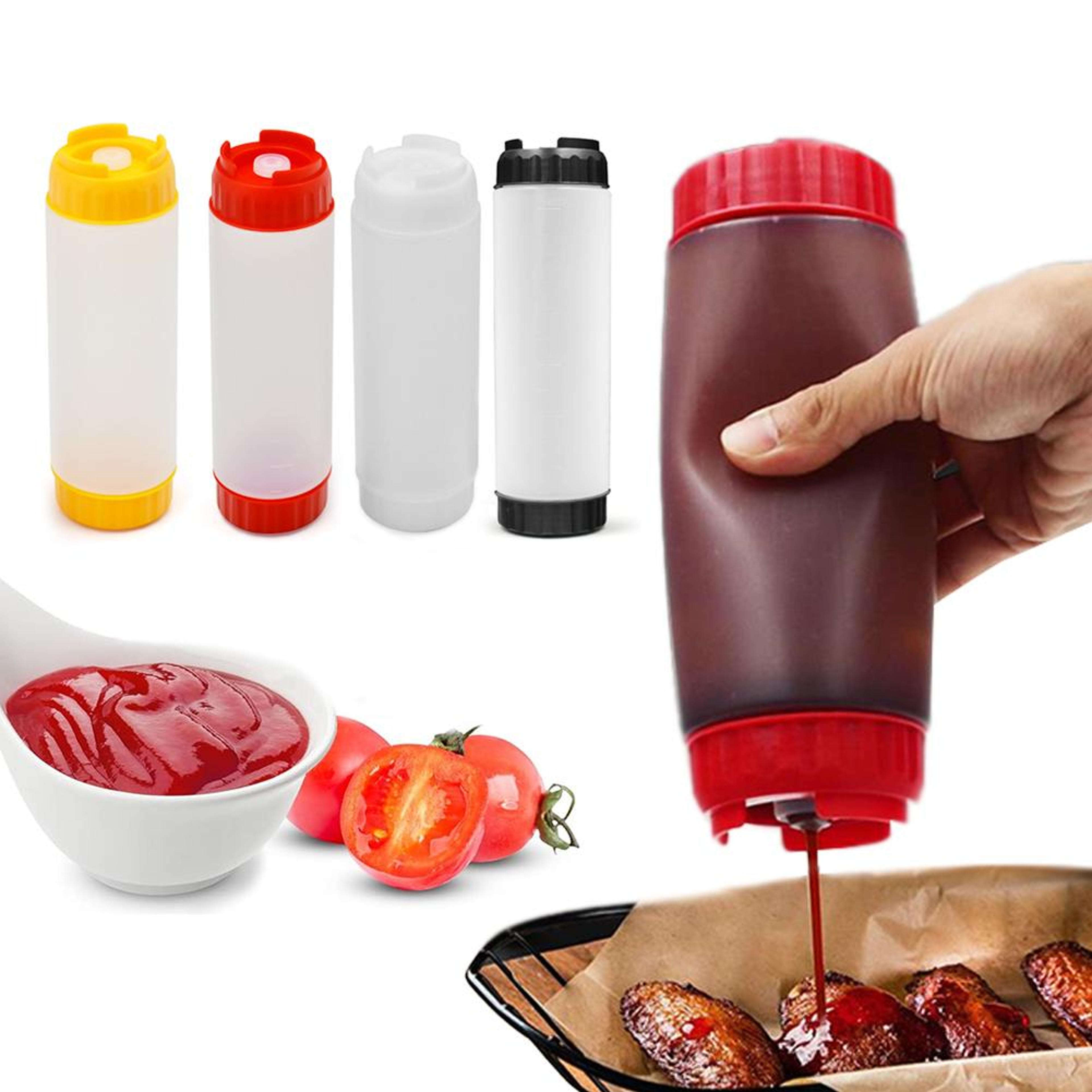 dual head kitchen squeeze bottle, leakproof upside down sauce dispenser for jam and tomato sauce