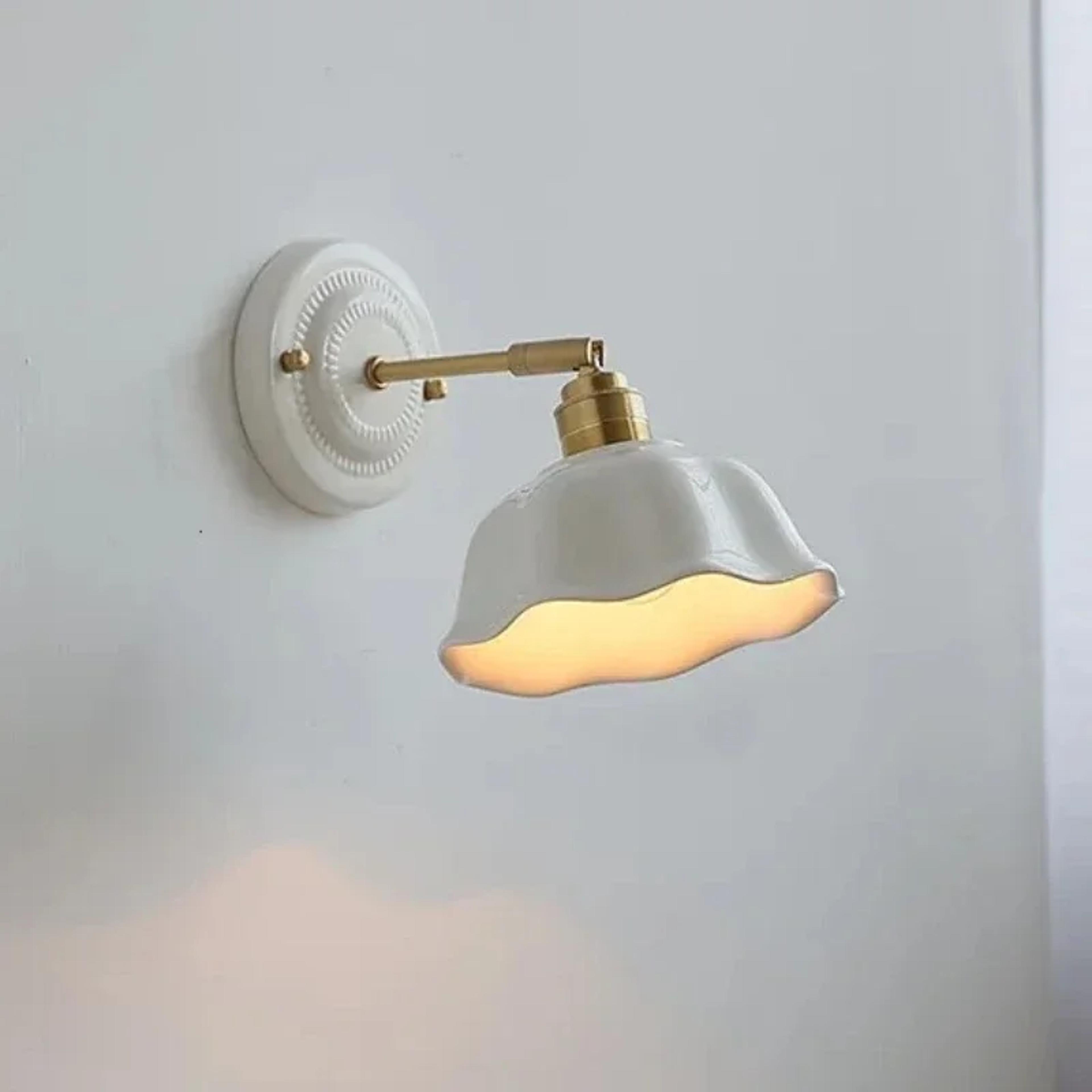 modern minimalist floral white ceramic led bedside wall lamp, bedroom living room indoor lighting fixture