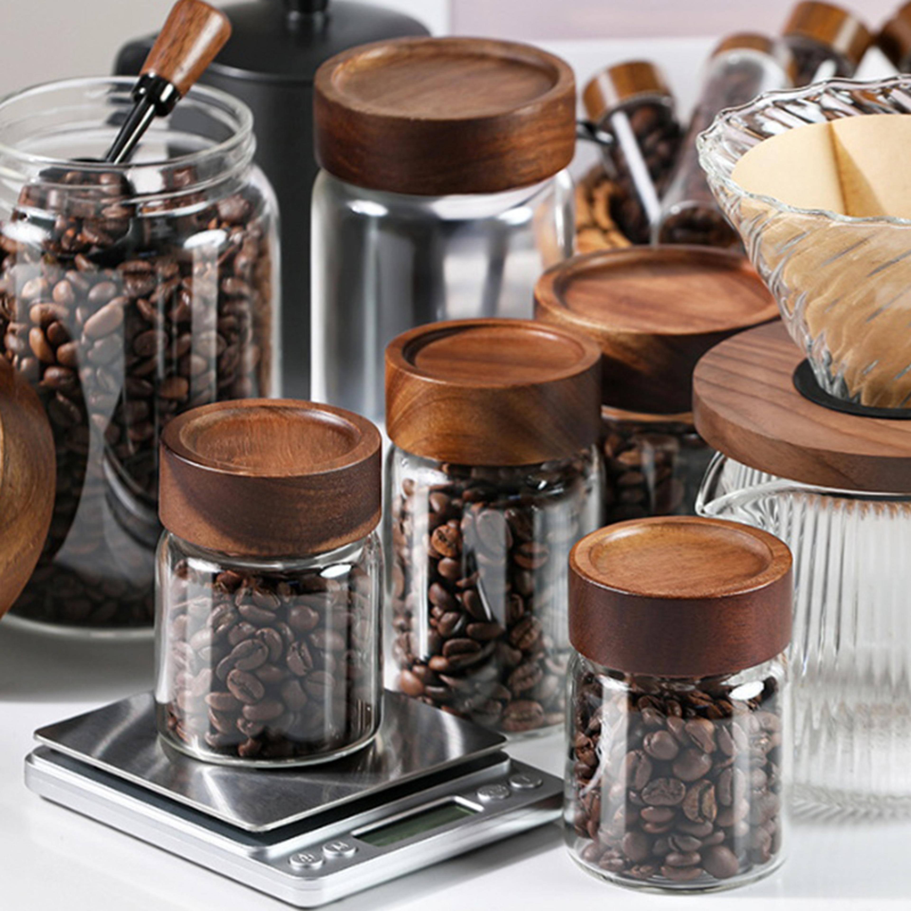 simple airtight glass canister, wood lid storage jar, coffee beans storage container