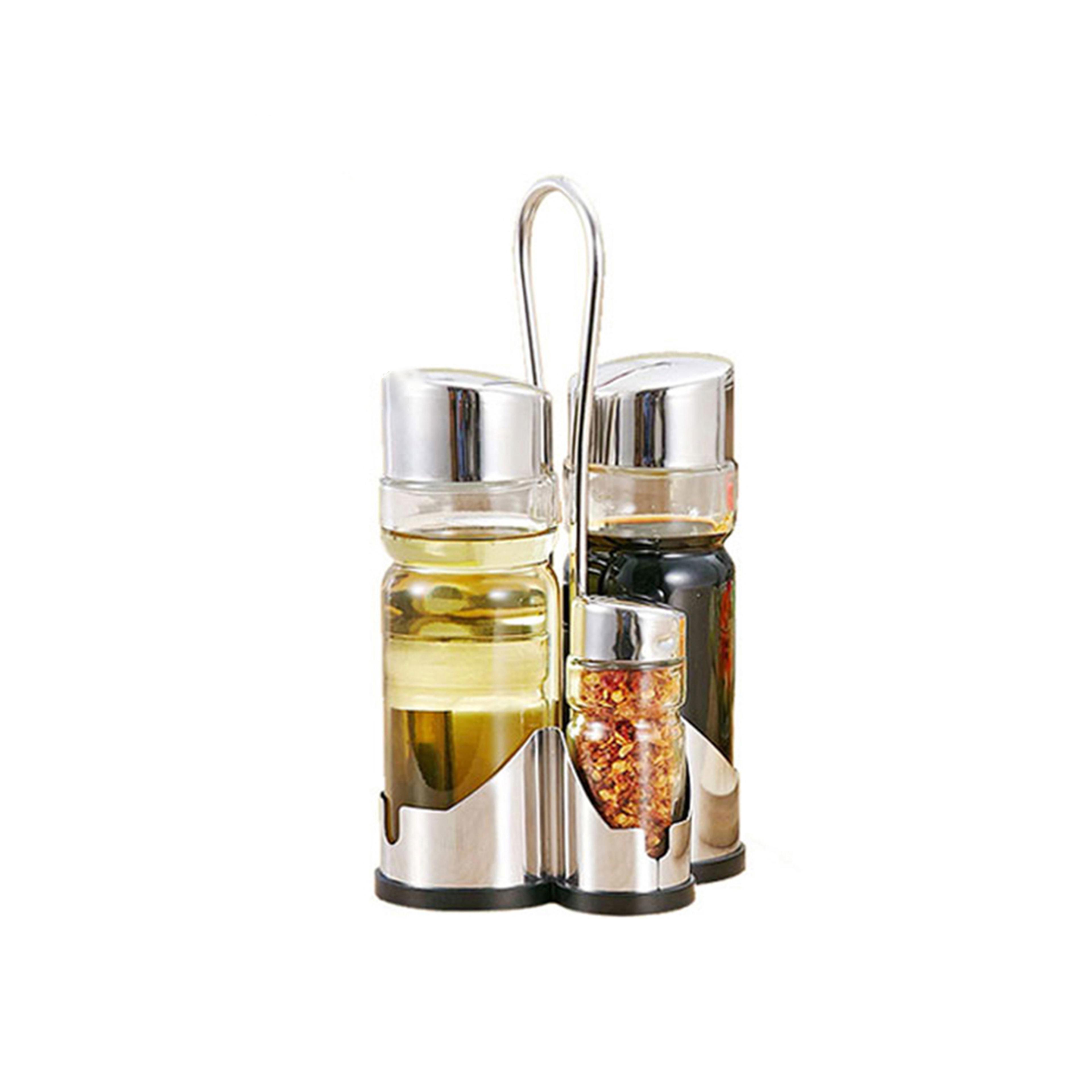 seasoning bottle set, condiment holder rack, oil vinegar dispensers with salt pepper shakers and glass cruet set