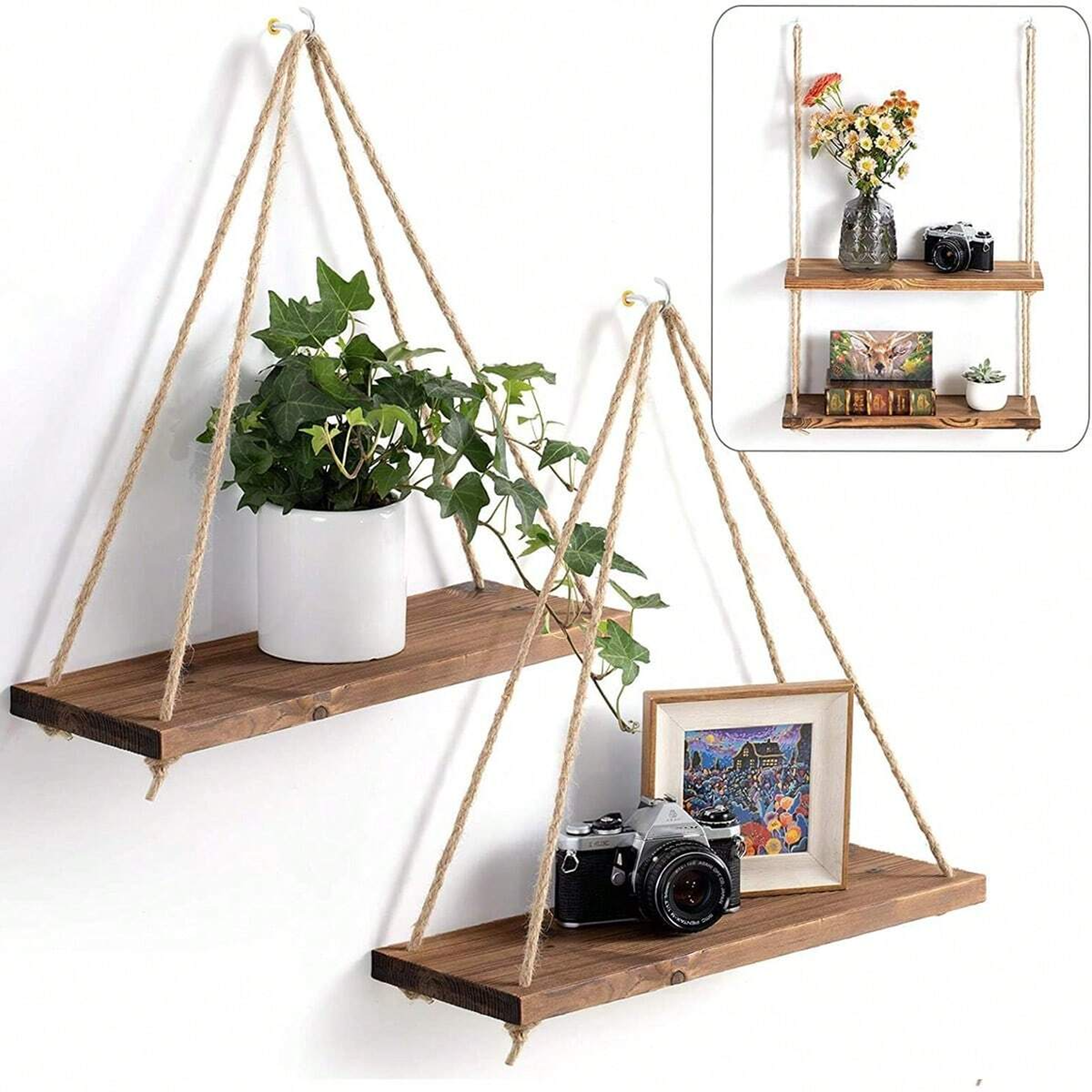 hanging wooden storage rack, wall decoration hanging rope flower pot storage rack