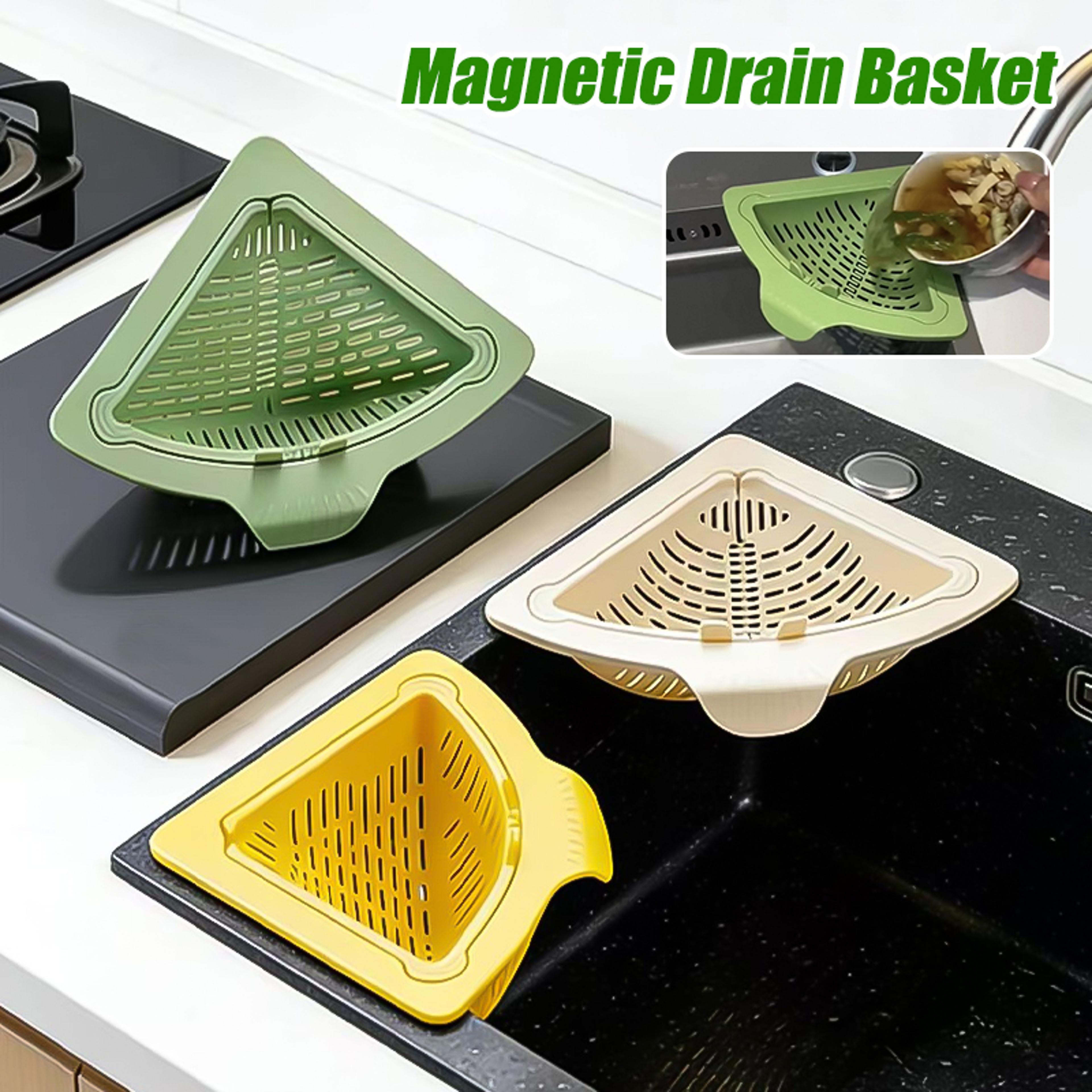 triangular magnetic drain basket for sink, corner sink strainer with twist-open bottom, magnetic draining filter rack