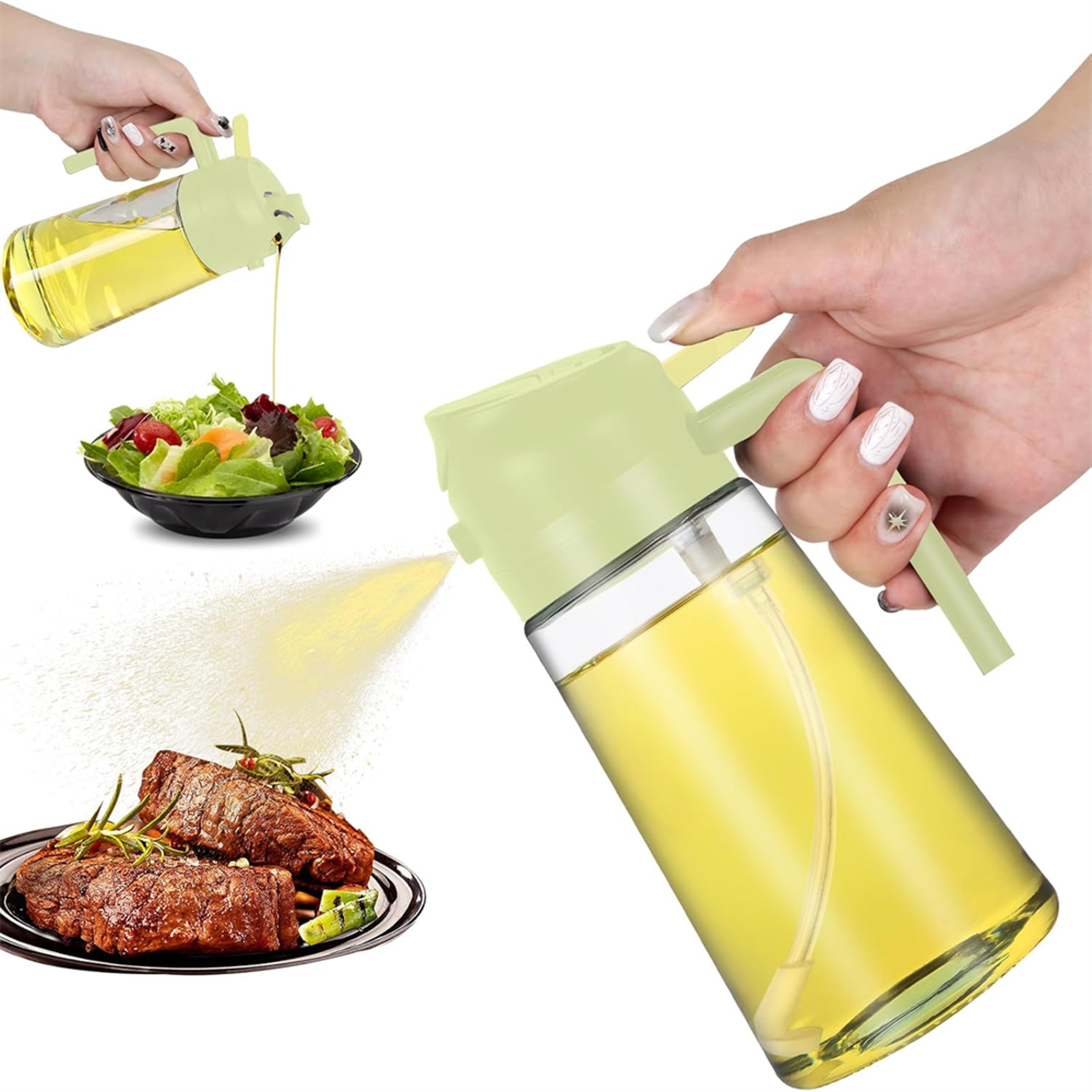 glass oil dispenser with automatic flip lid, leak-proof oil spray bottle for kitchen cooking