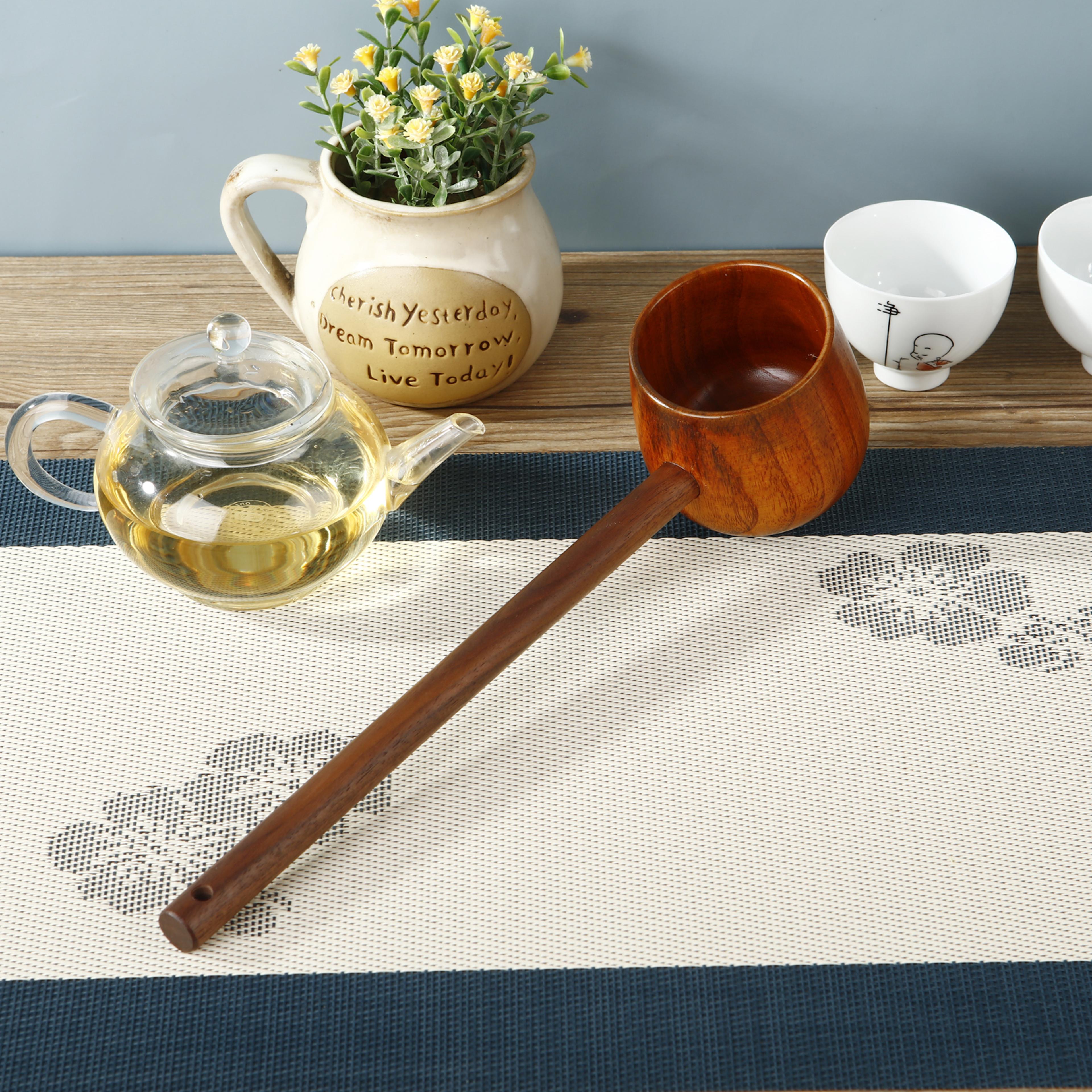 natural wooden bath spoon with long handle, water ladle for home use