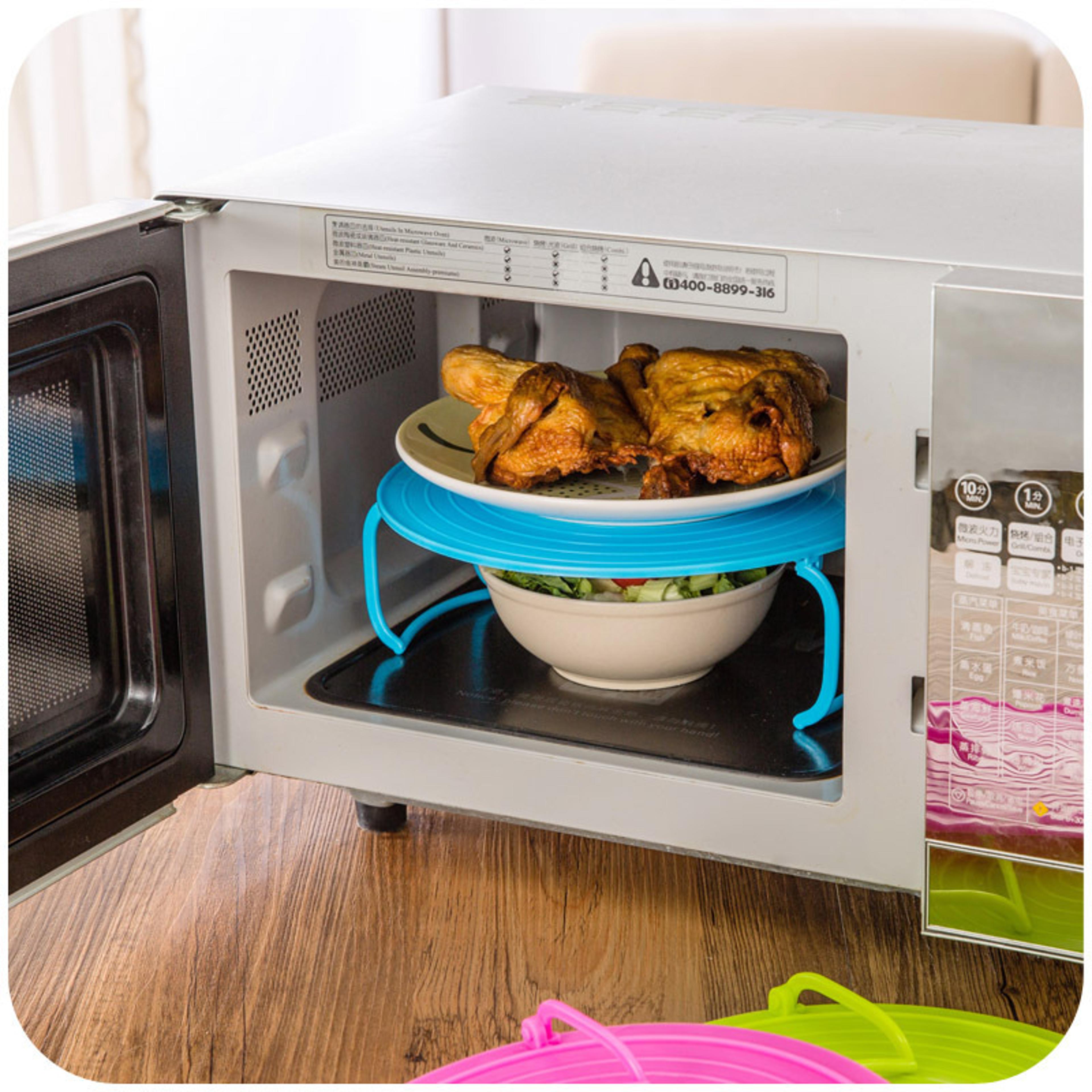 double-layer microwave food steamer with heat-resistant tray, stackable rack for multi-functional kitchen cooking