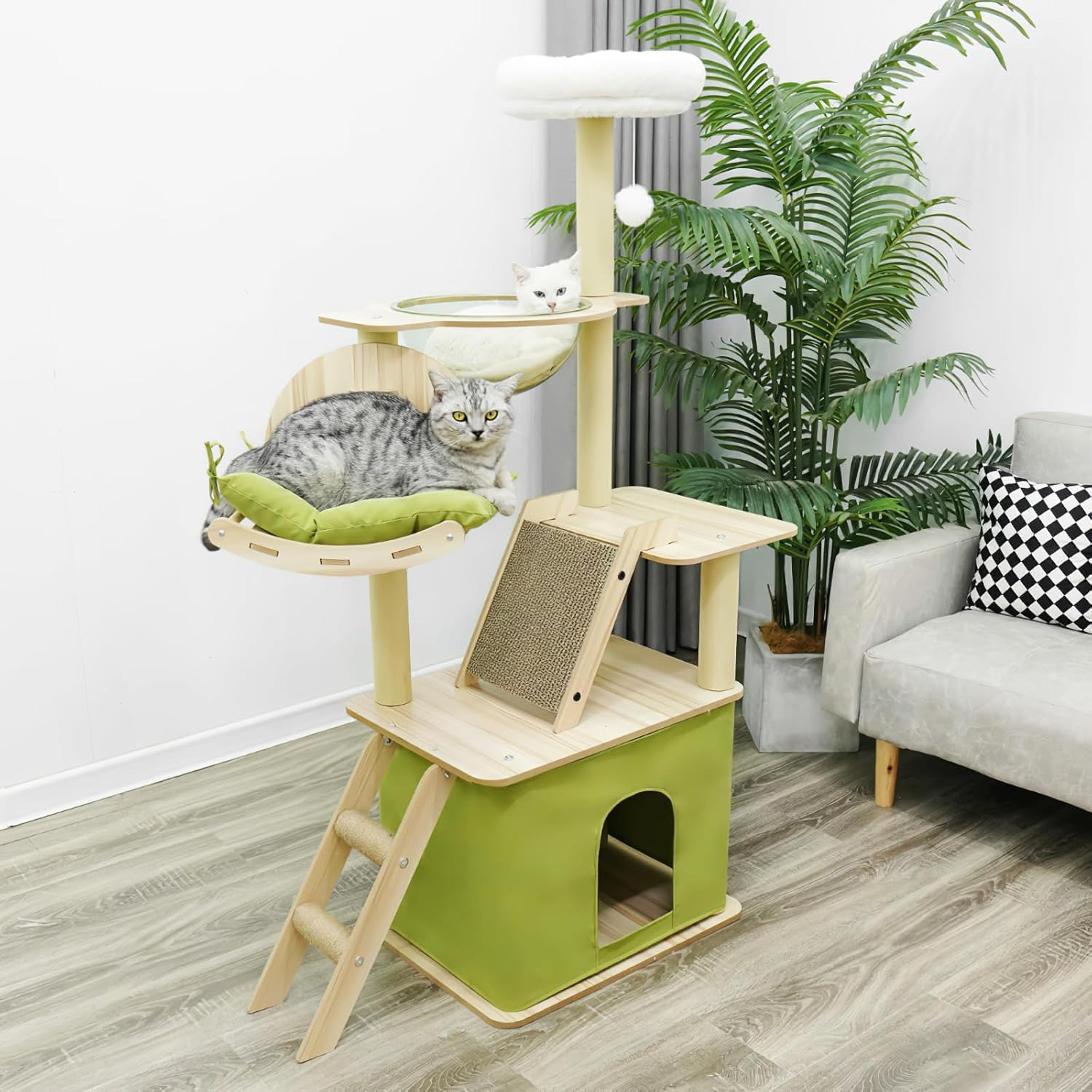 green cat tree for indoor cats with cat condos, scratchers, hammock space capsule