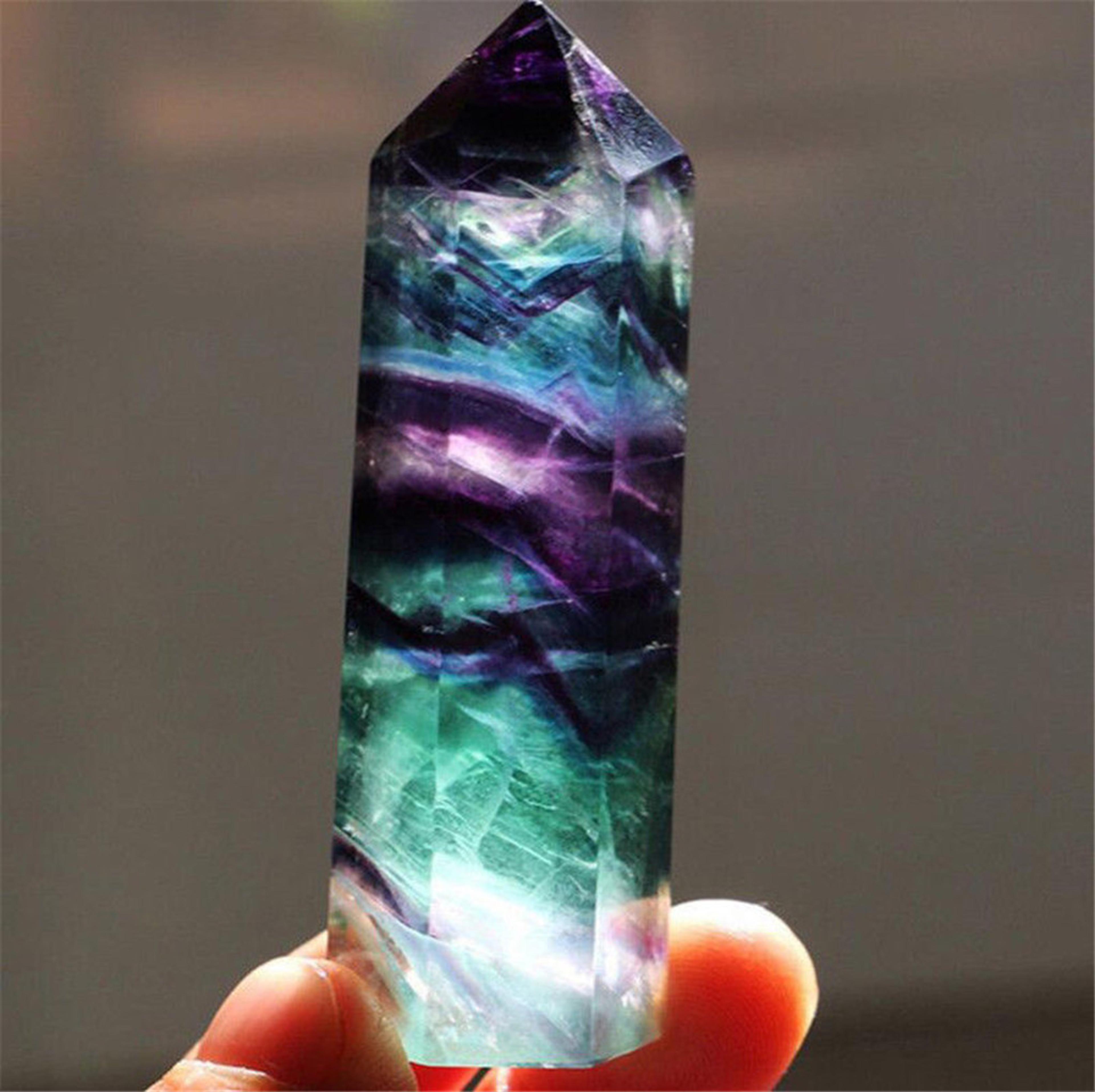 natural fluorite crystal healing wand colorful striped fluorite hexagonal point, quartz crystal stone for treatment