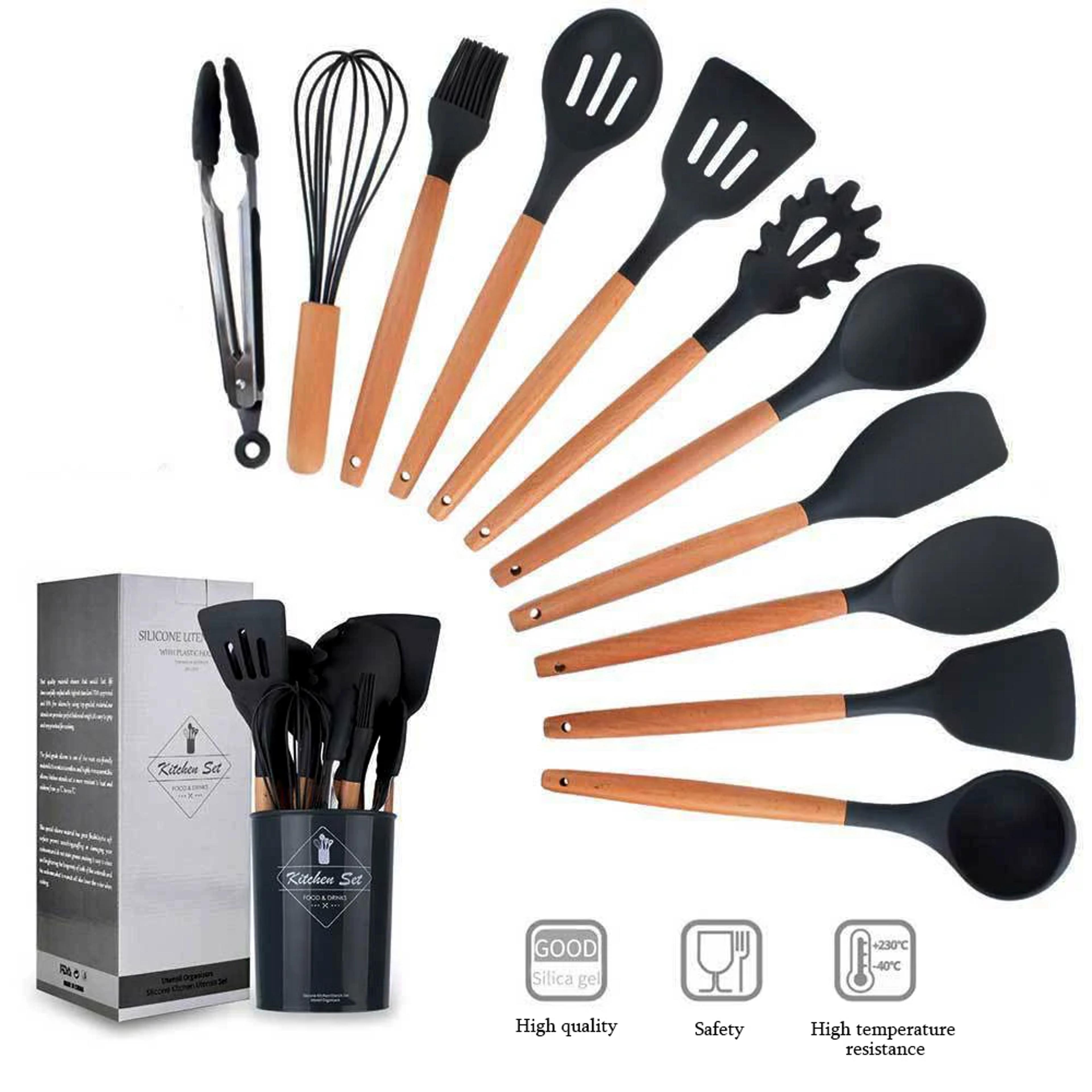 non-stick silicone kitchen utensil set wooden handle cooking tools, spatula, shovel, egg beaters