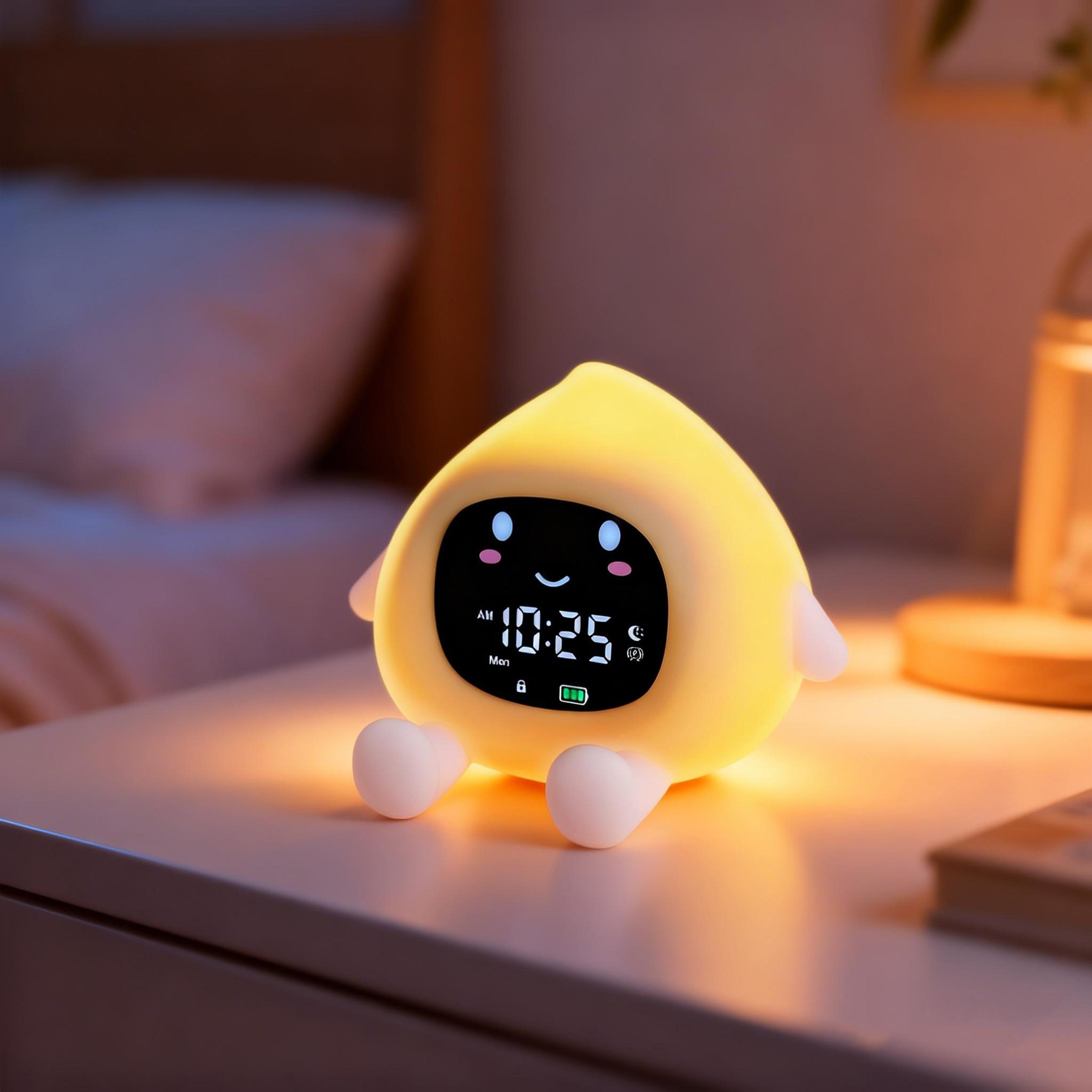 smart kids alarm clock with sleep training light and rechargeable night light for gentle wake up