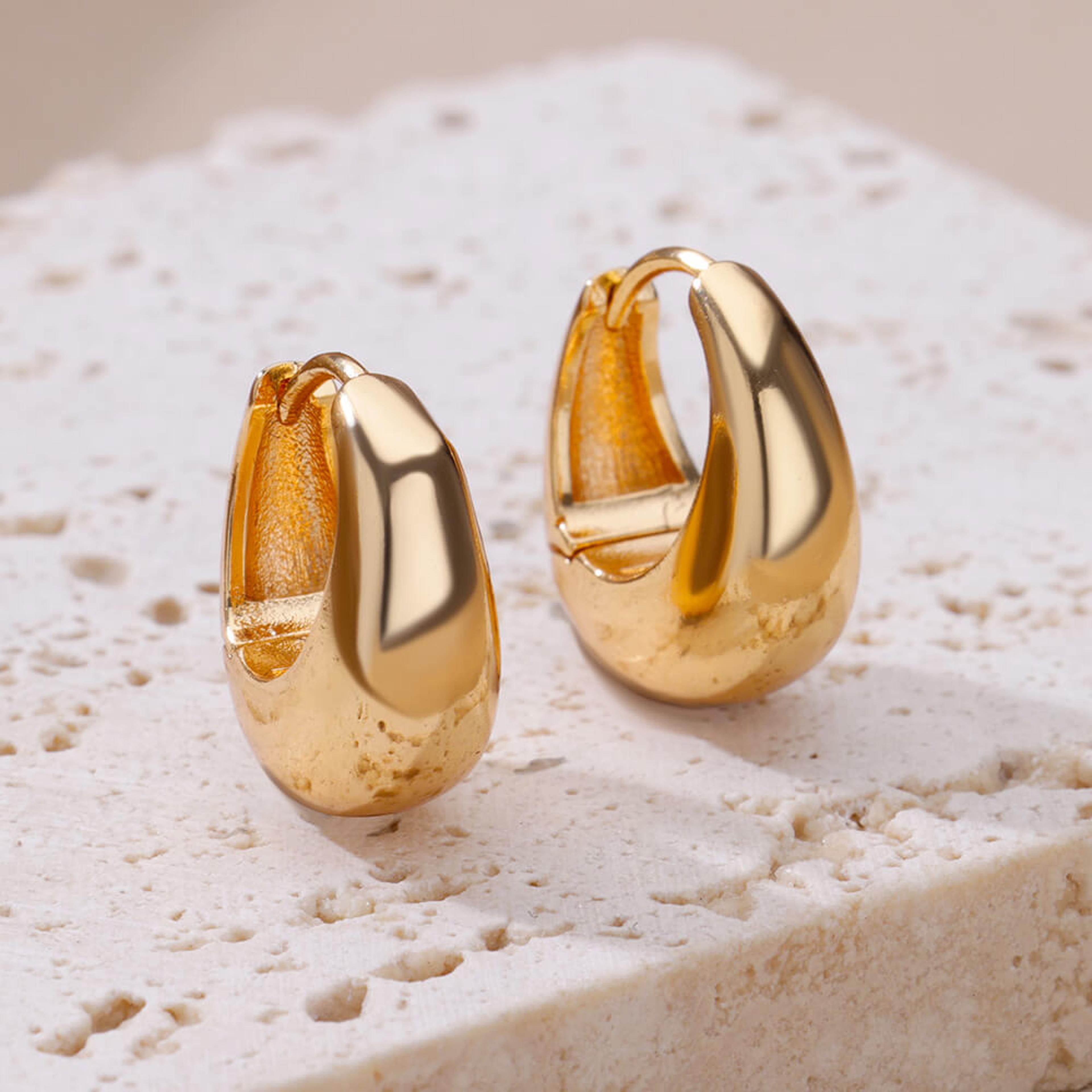 gold color chunky stainless steel hoop earrings water drop design for weddings, parties, gifts