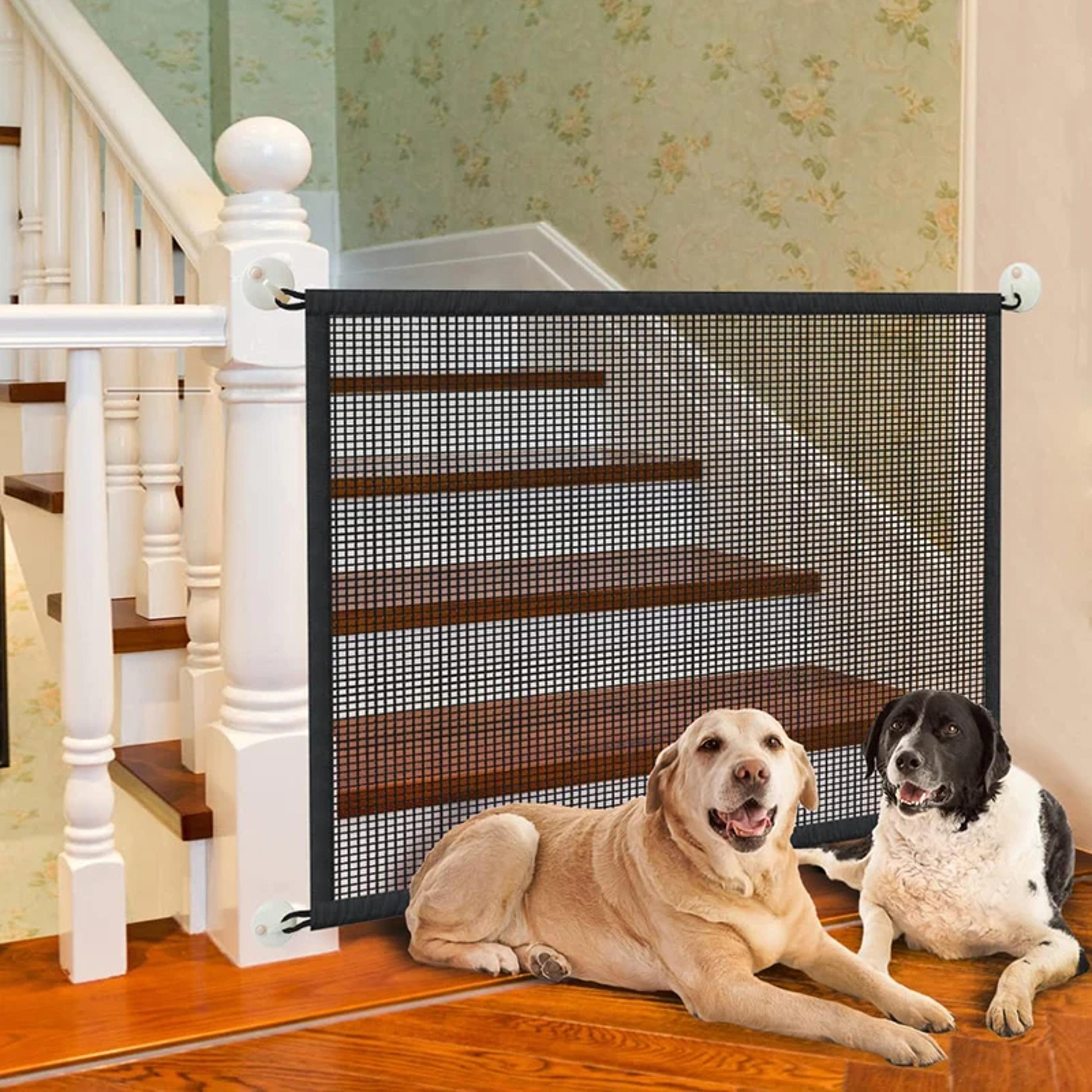 pet dog barrier fence with hook folding mesh safety gate for dogs, stairs playpen, breathable, easy setup