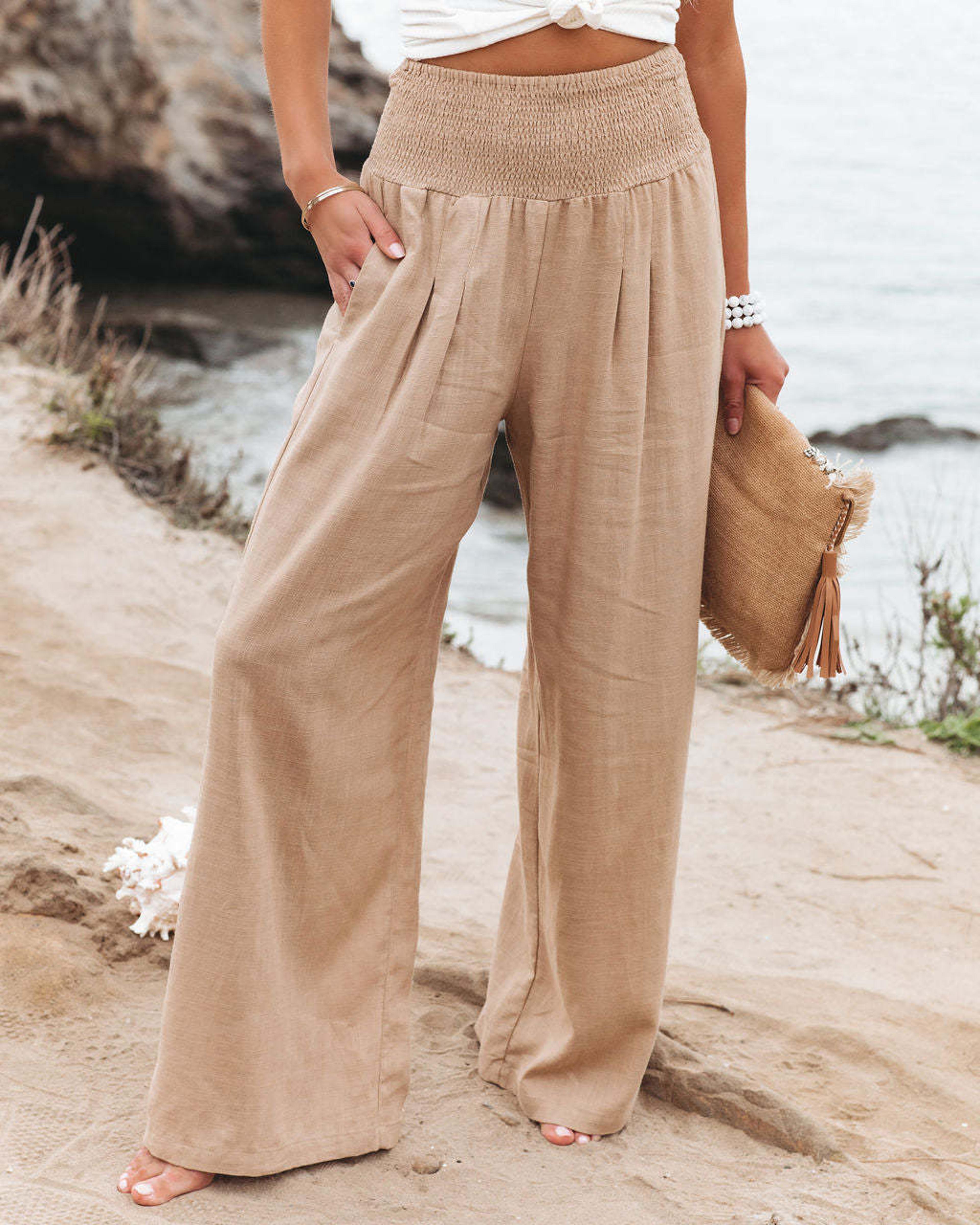 womens casual drawstring pants mid waist, beach wide leg, spring summer comfort