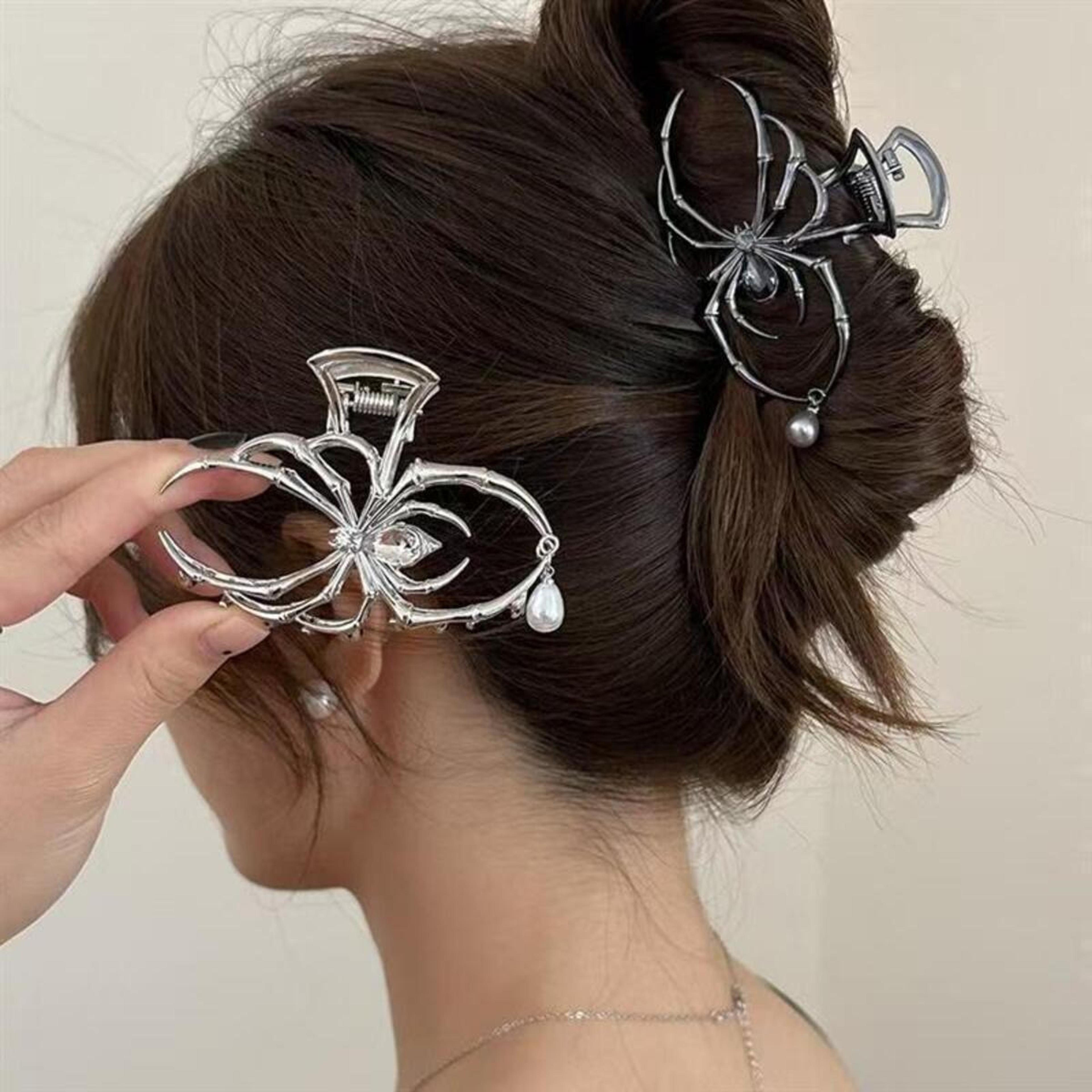 gothic spider hair claw clip with pearl charm strong hold halloween punk hair accessory