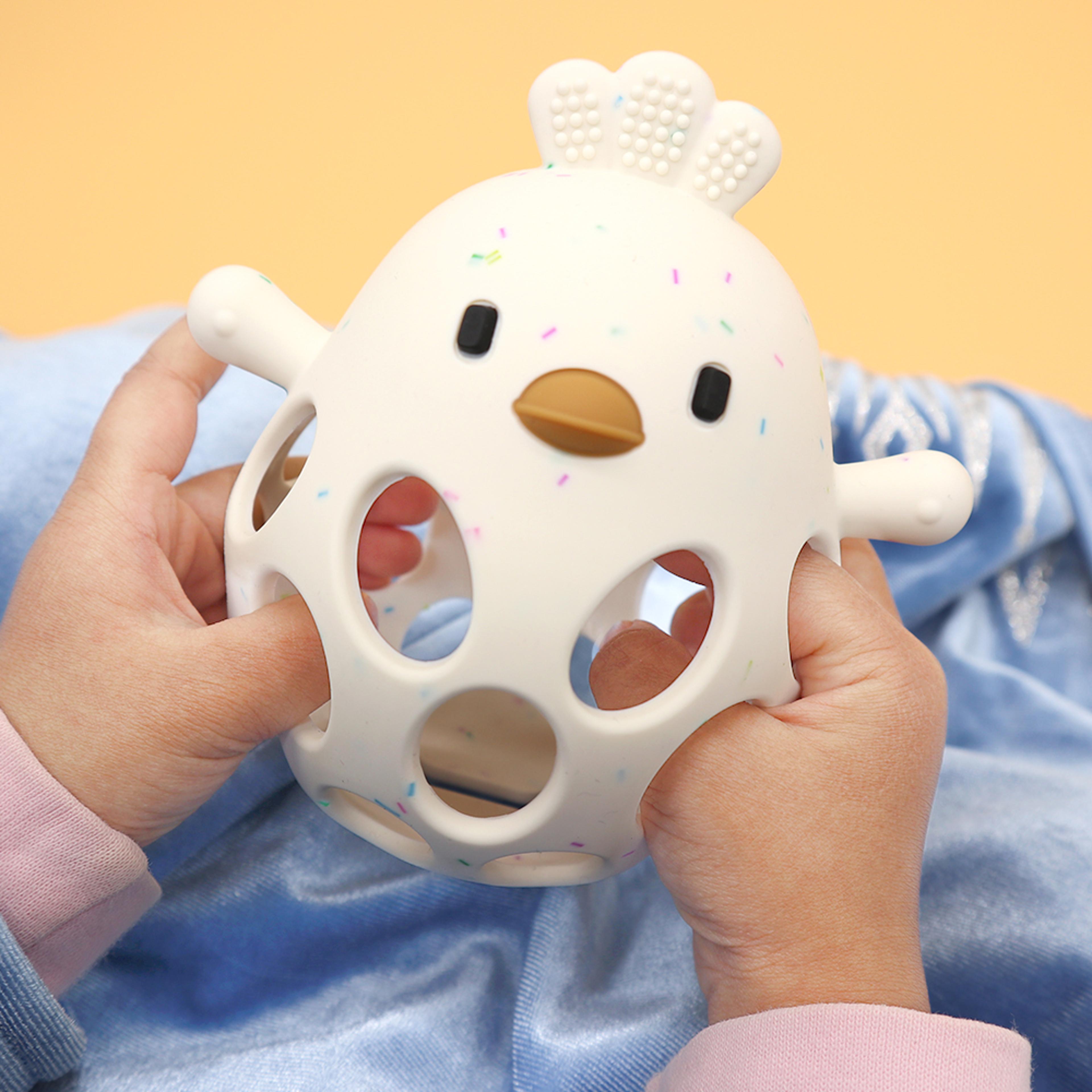 cartoon chick shape baby toys, chewing training baby products, baby silicone teether toys