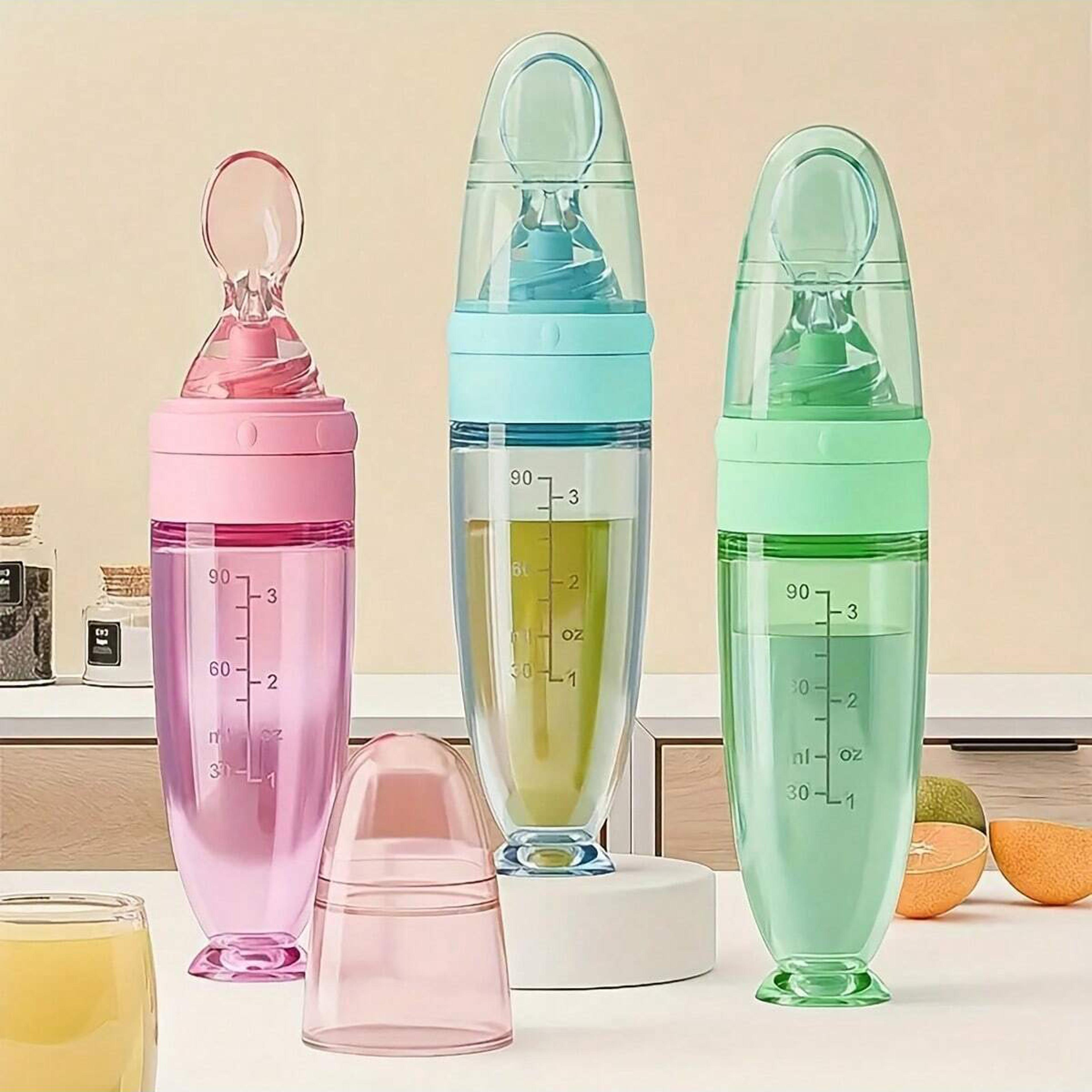 portable squeeze feeding bottle, soft spoon silicone feeder with cup cap, colorful silicone baby bottle feeder