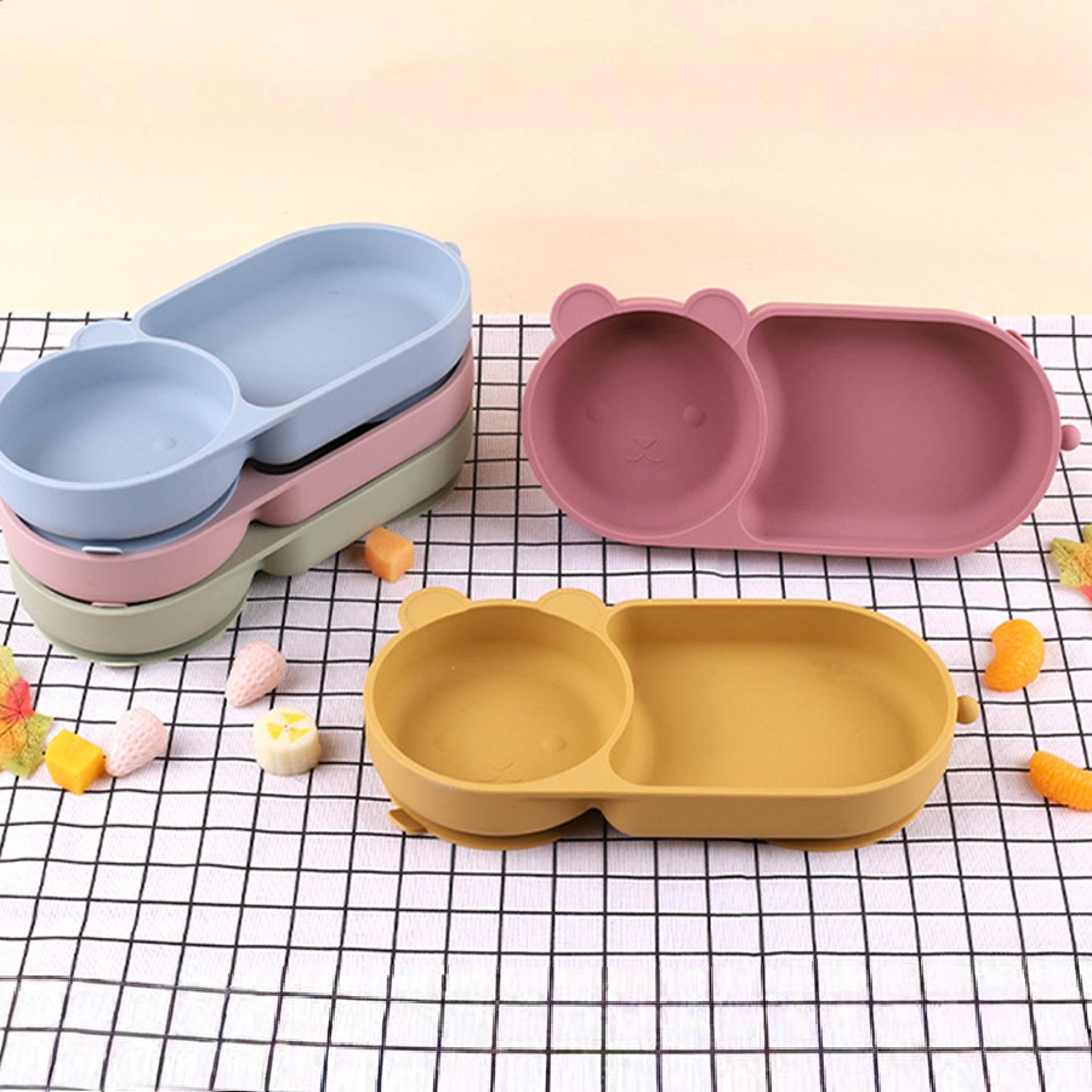 cute bear baby bowl, food grade silicone double plate for meals, macaron color suction cup bowl.