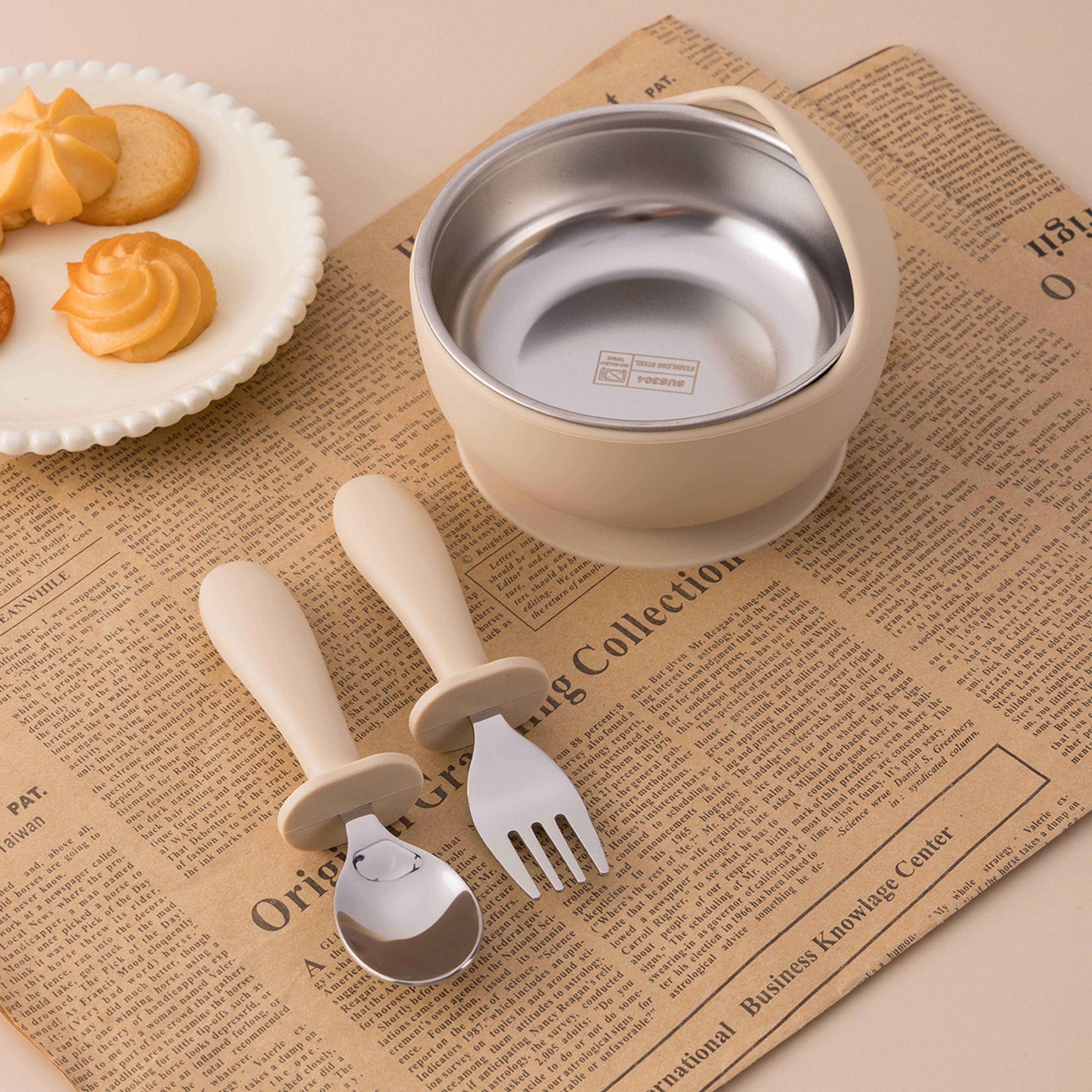 stainless steel silicone baby feeding set bpa free detachable sucker bowls, with fork spoon easy clean children