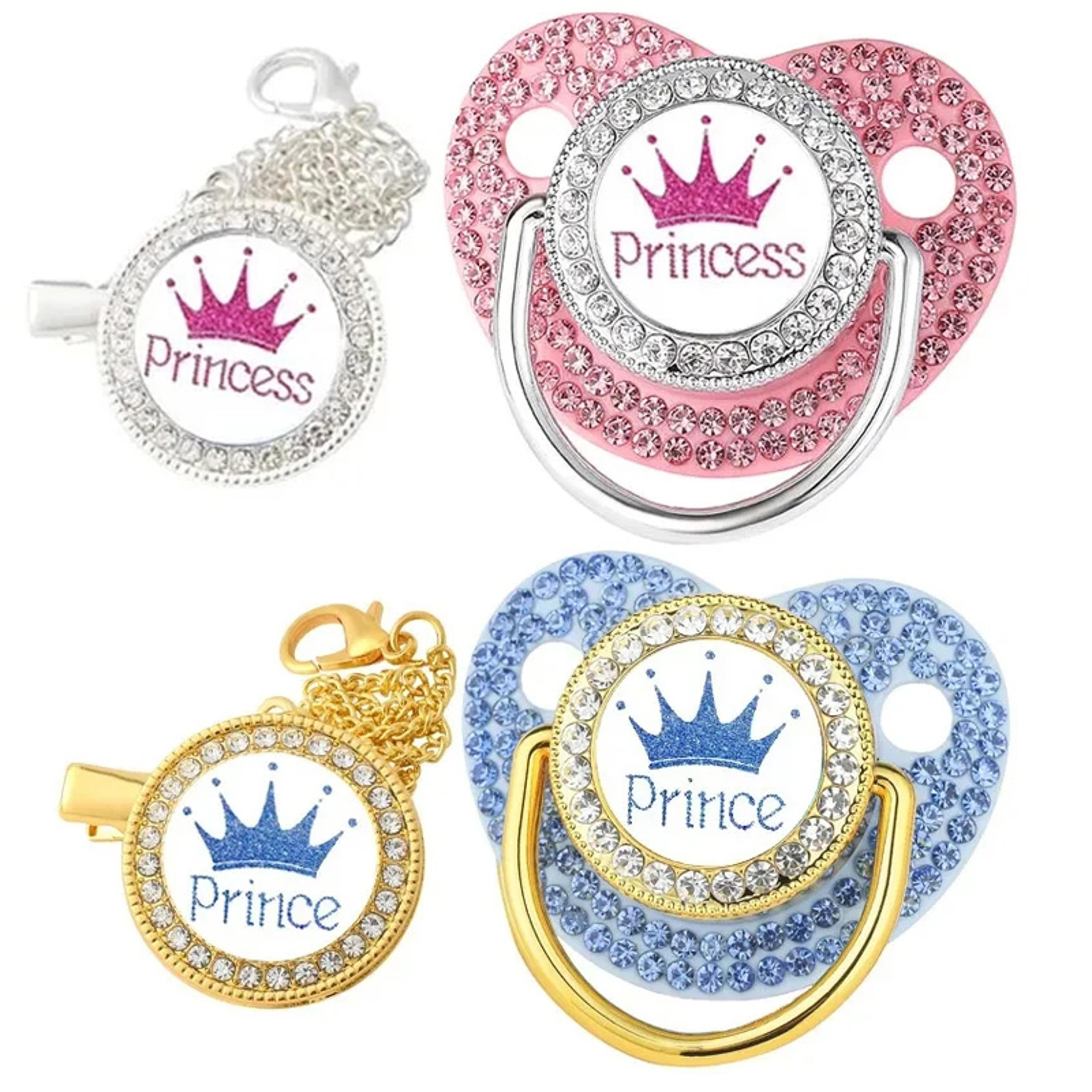 luxury rhinestones baby pacifier, princess crown chain clips, silicone newborn pacifiers, infant shower gift