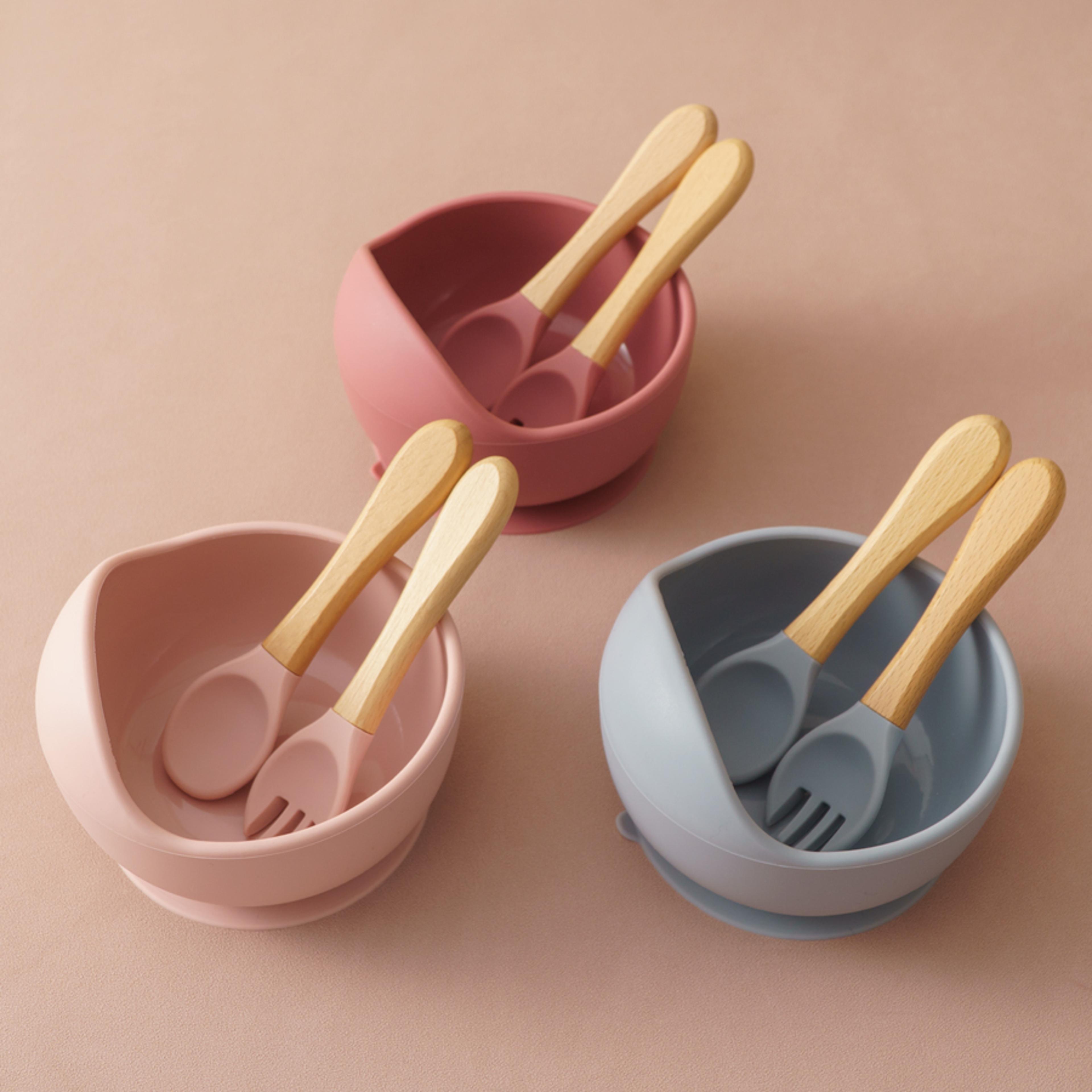 baby feeding bowl set silicone, children tableware suction bowl set, wood spoon fork learning dishes, baby stuff