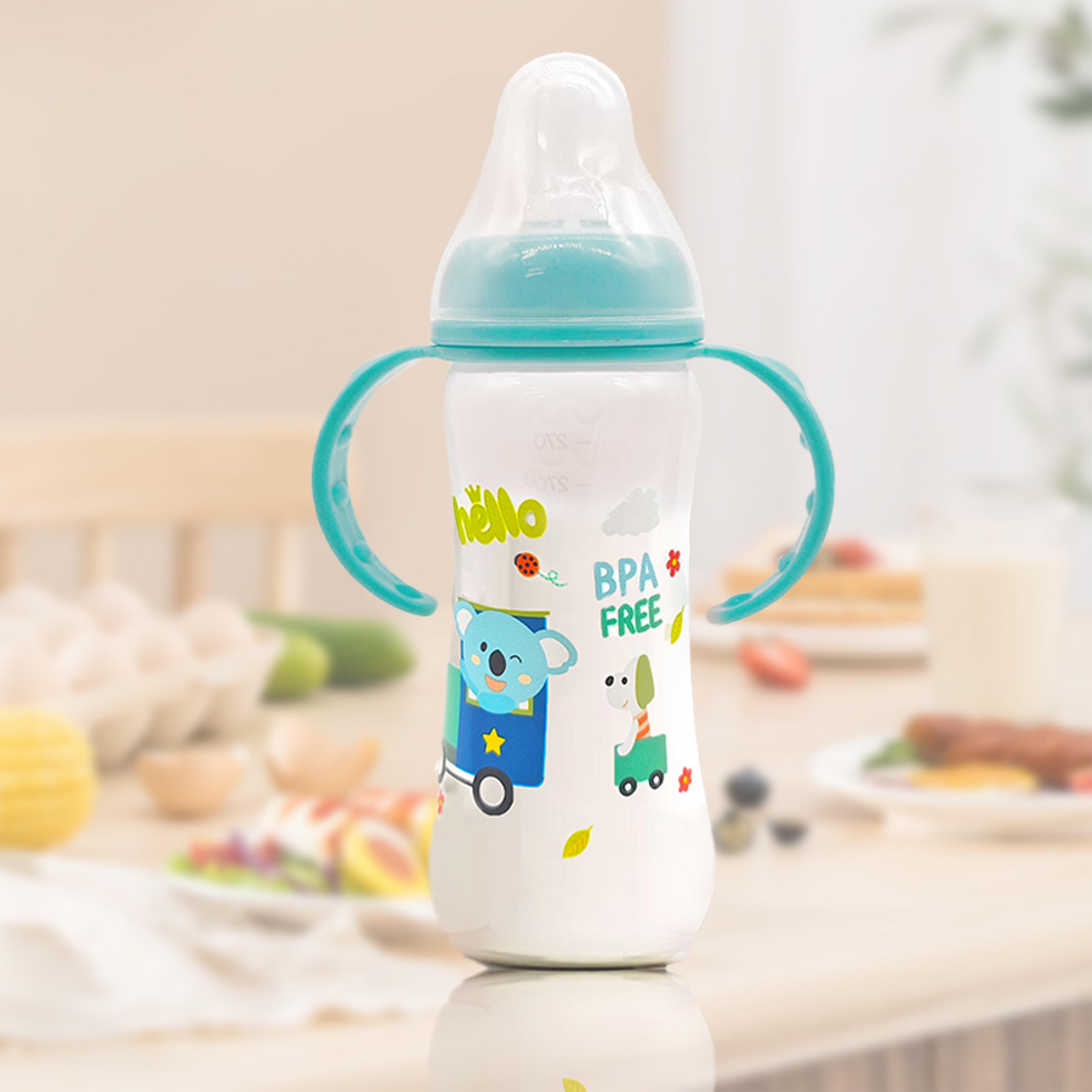 drop-resistant baby bottle with silicone nipple and cartoon handle, standard caliber pp bottle