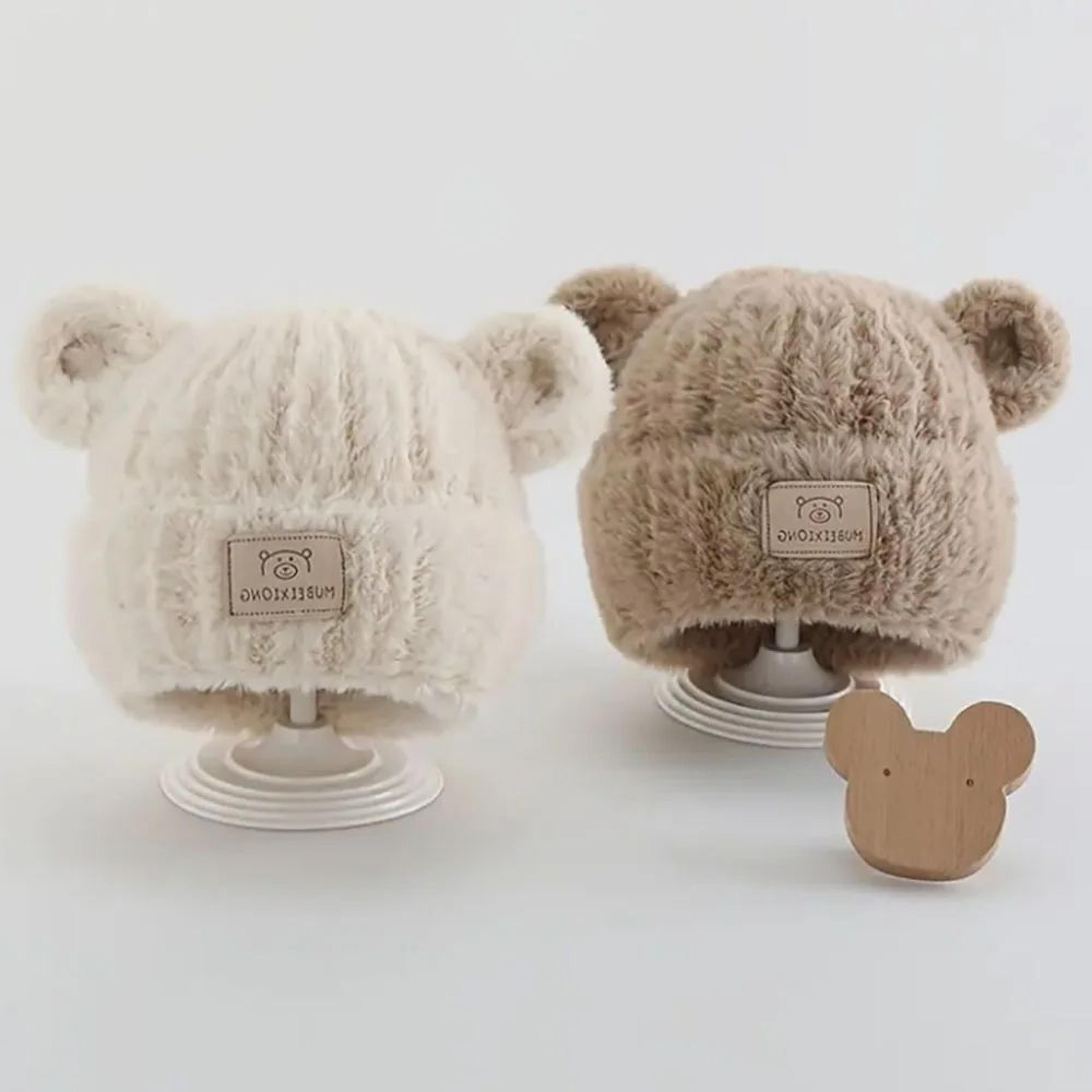 cozy winter baby hat with bear ears, heart cutouts, soft plush lining for kids
