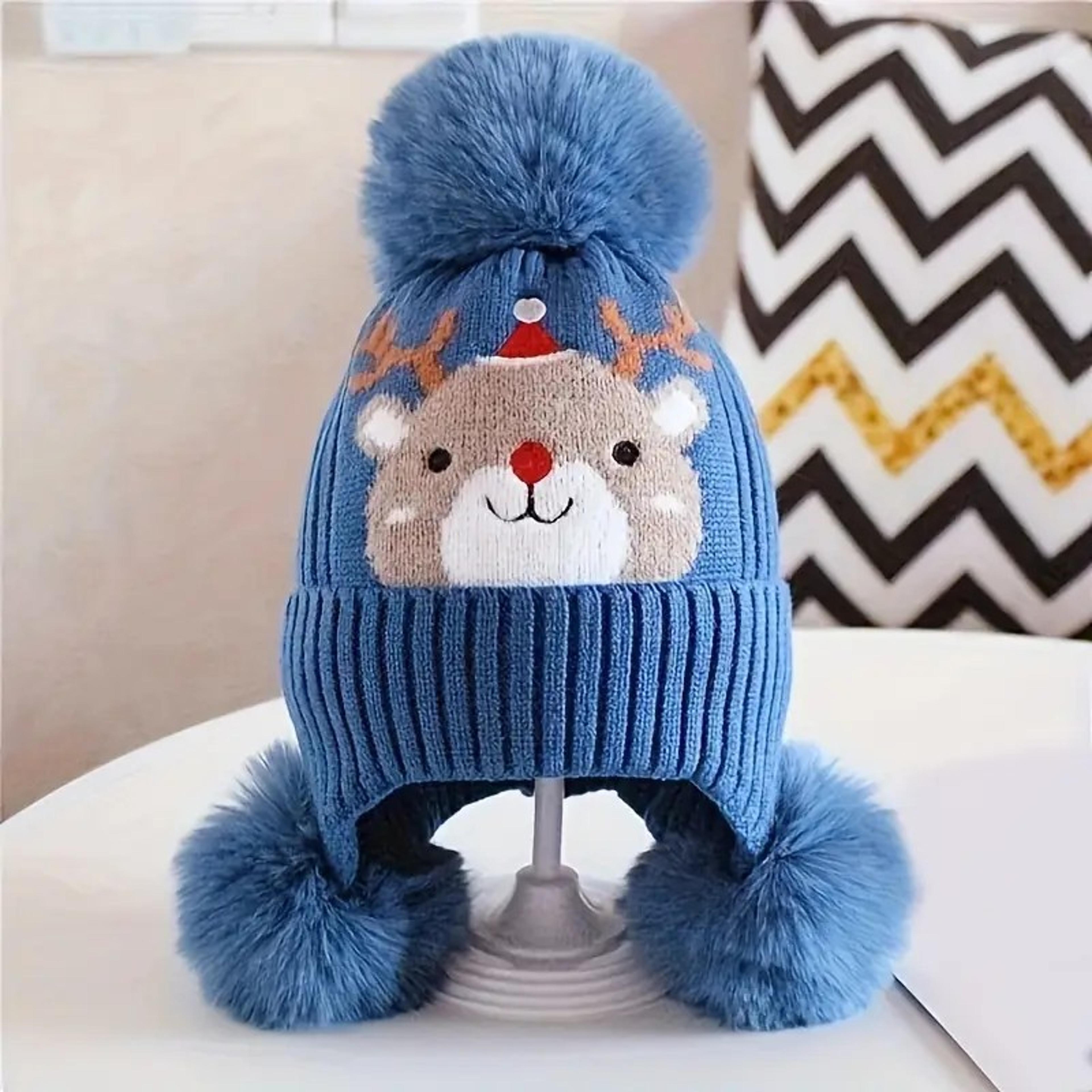 thickened kids christmas beanie, winter cap with ear flaps, cartoon holiday hat for boys and girls