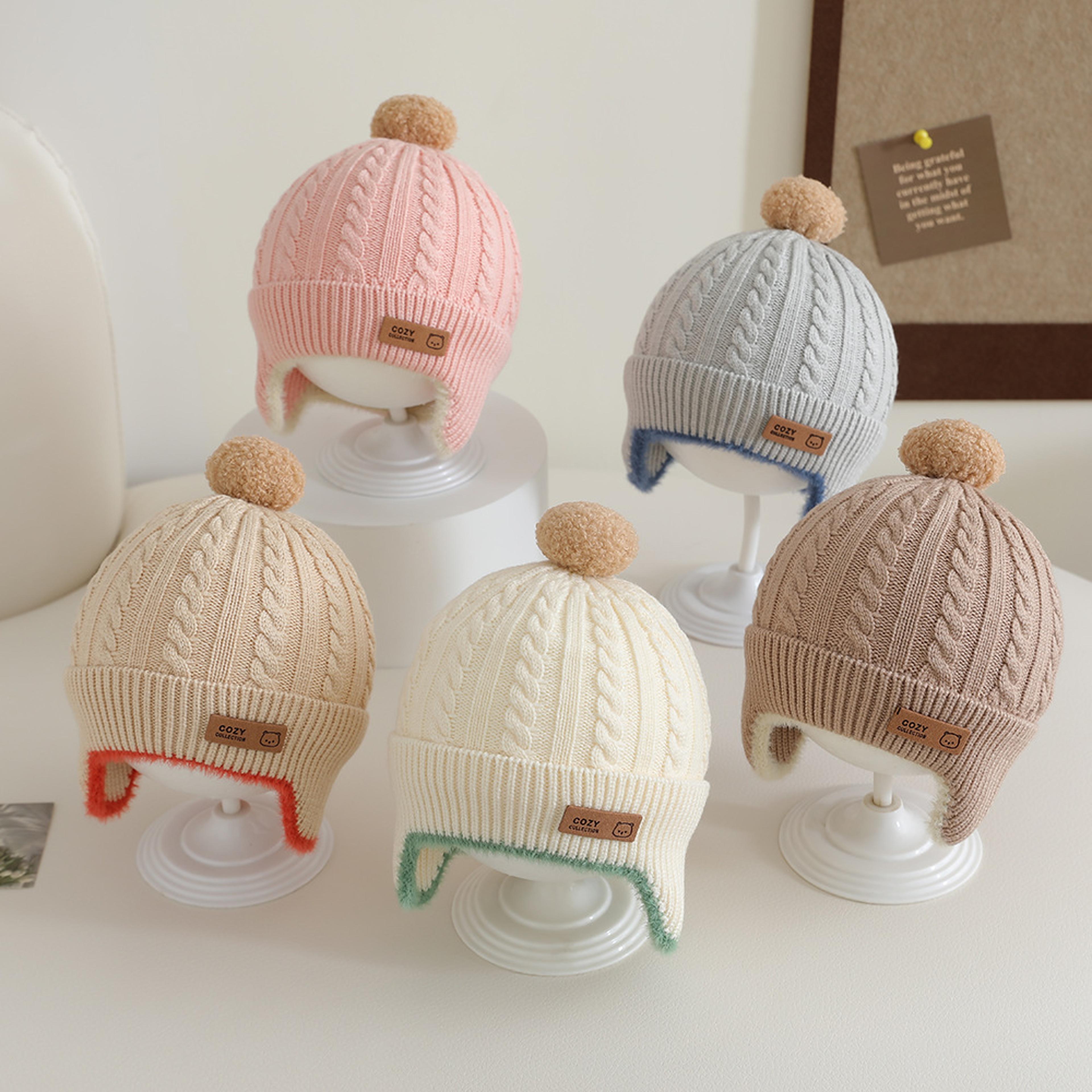 windproof toddler girls knitted hat, cute pompom infant ear protection cap, baby boy earmuffs beanie