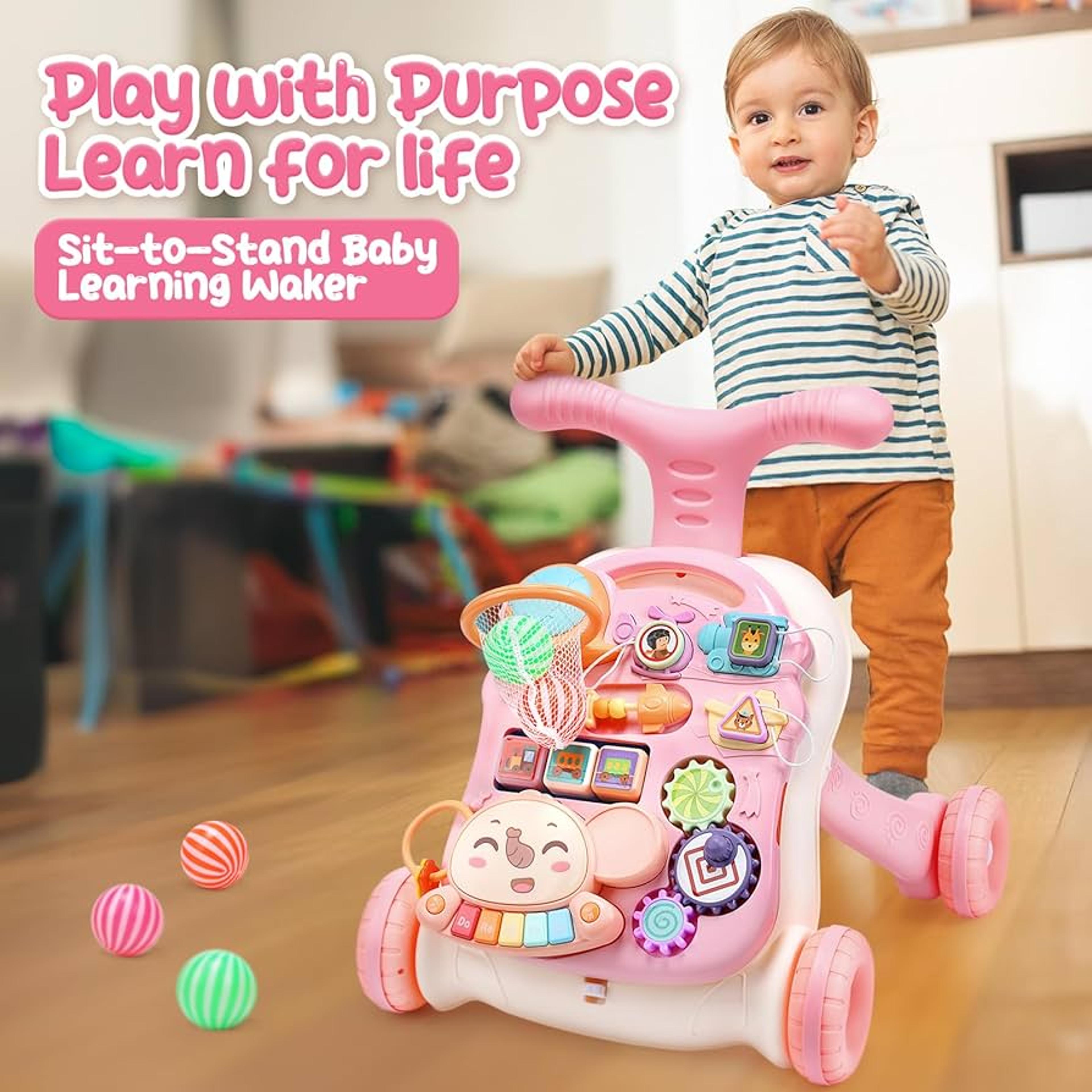 baby walker, adjustable speed for toddlers, sit & stand, removable game tray music learning toy
